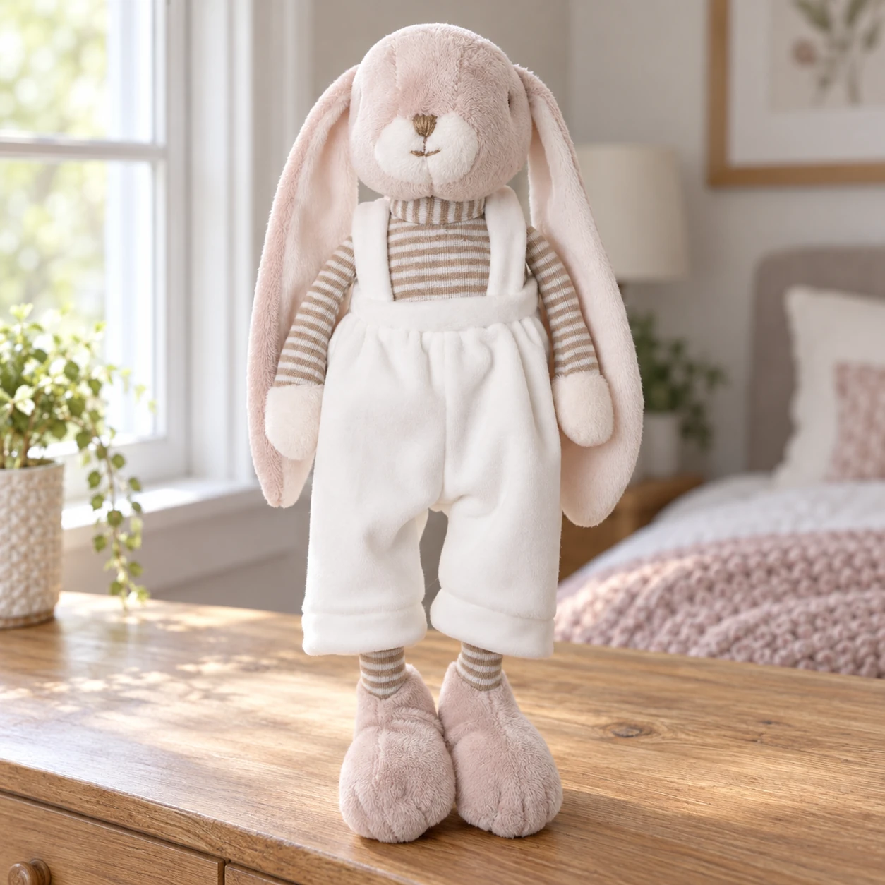 Lucian Rabbit Plush in White Overalls and Striped Top