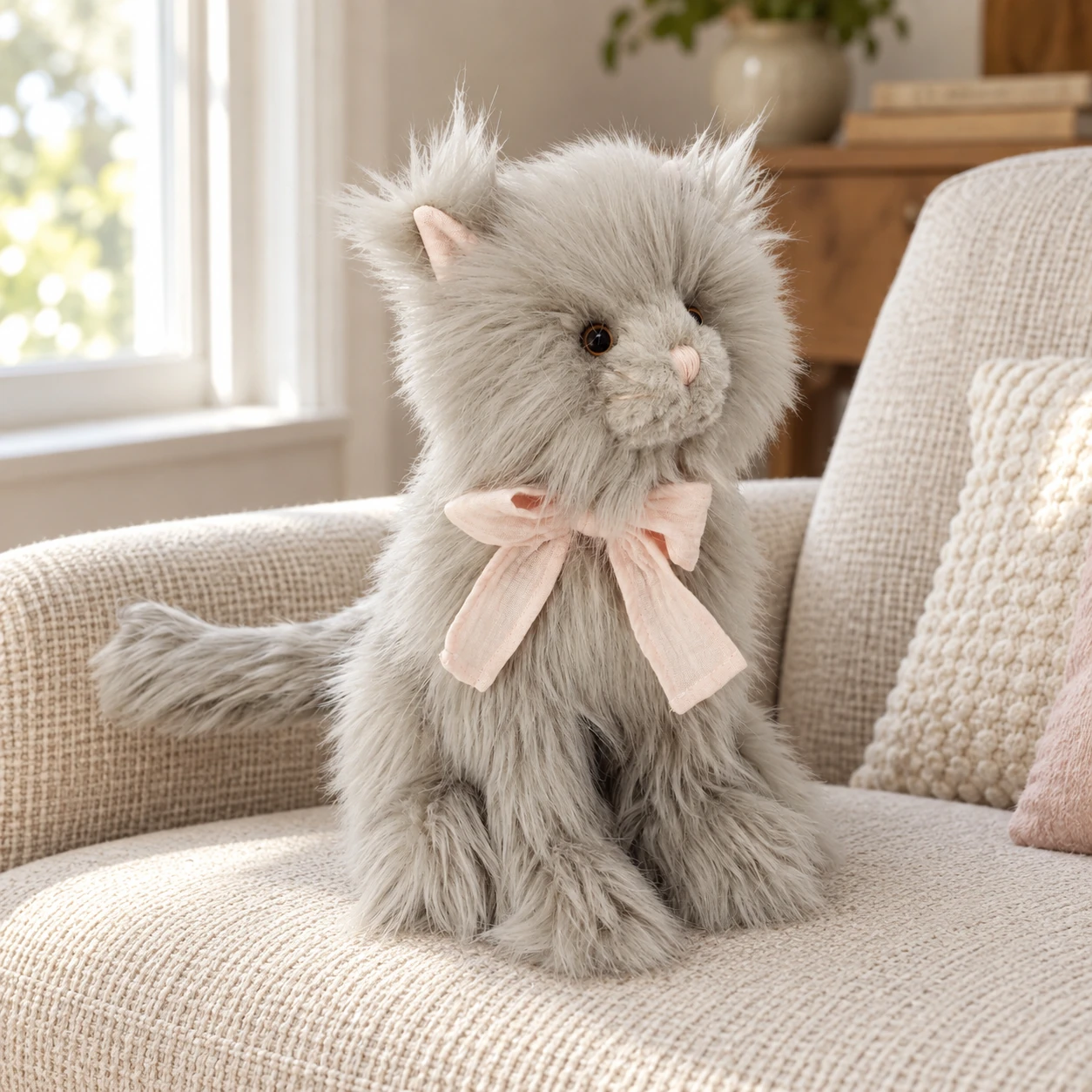 Latte Gray Cat Plush with Long Fur and Pink Neck Bow