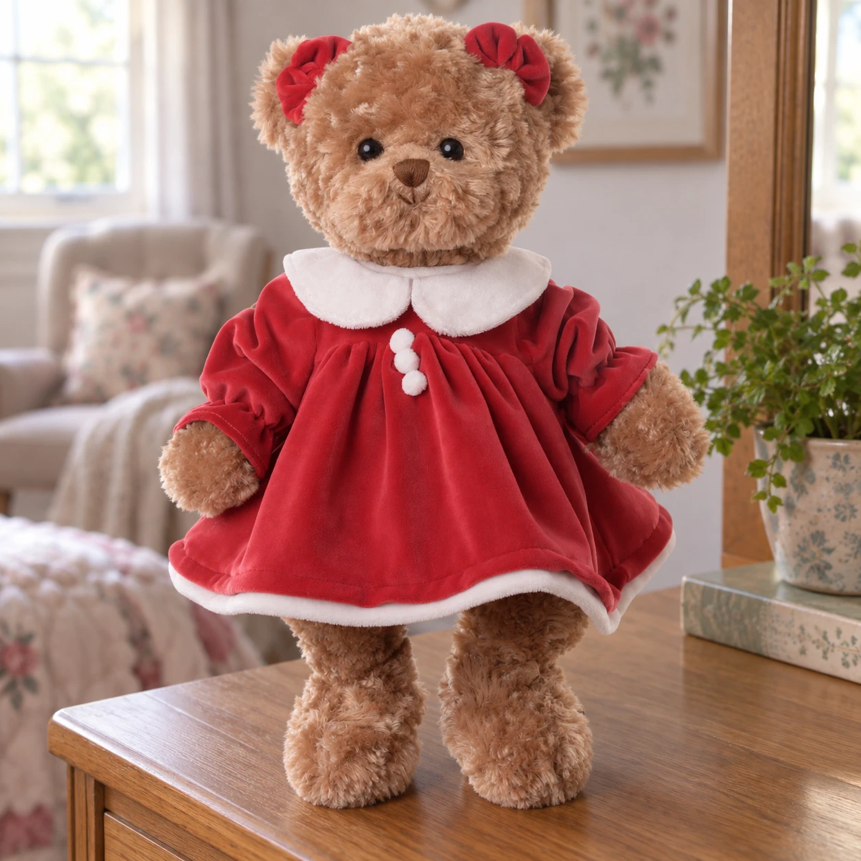 Celine Teddy Bear in Red Dress with White Collar