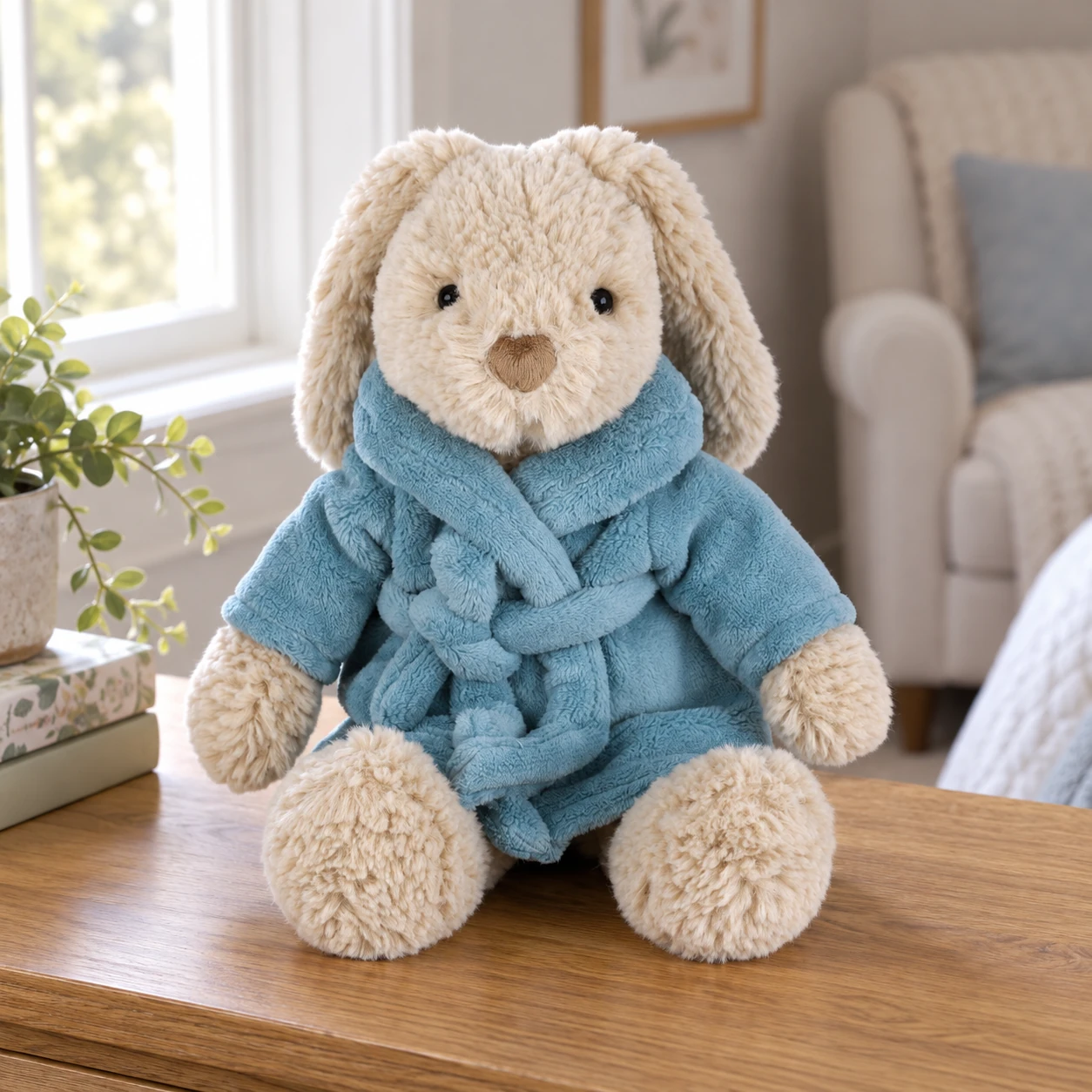 Harlow Rabbit Plush in Blue Belted Robe