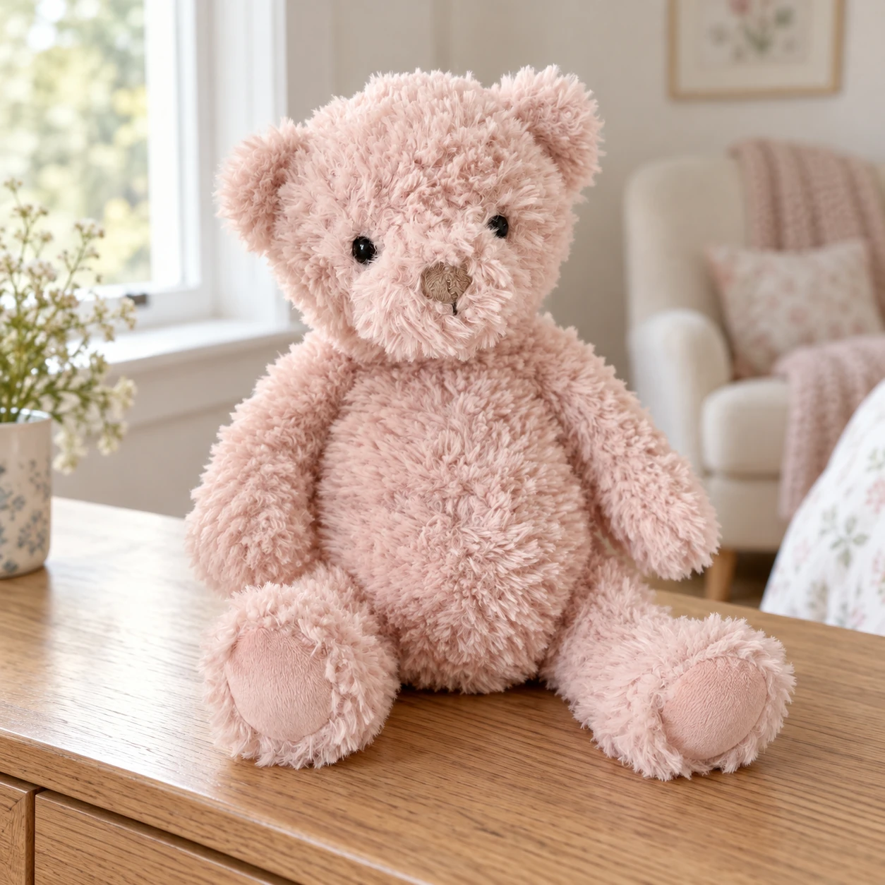 Marshmallow Pink Teddy Bear with Curly Plush Coat