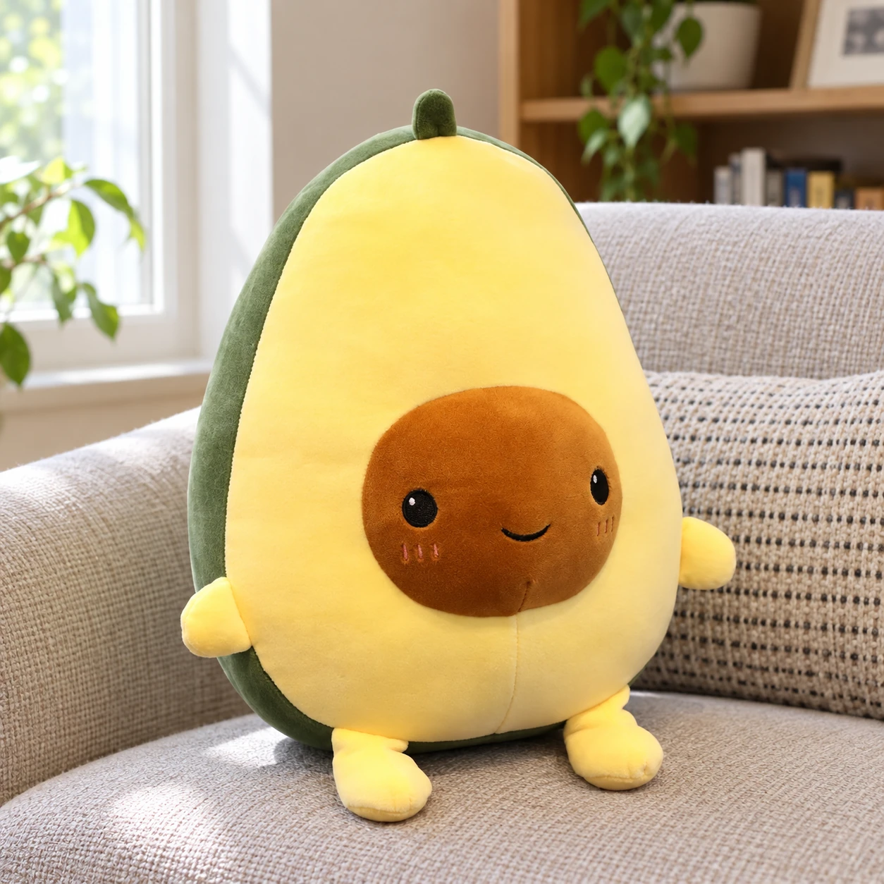 Smiling Avocado Plush with Round Pit and Soft Limbs