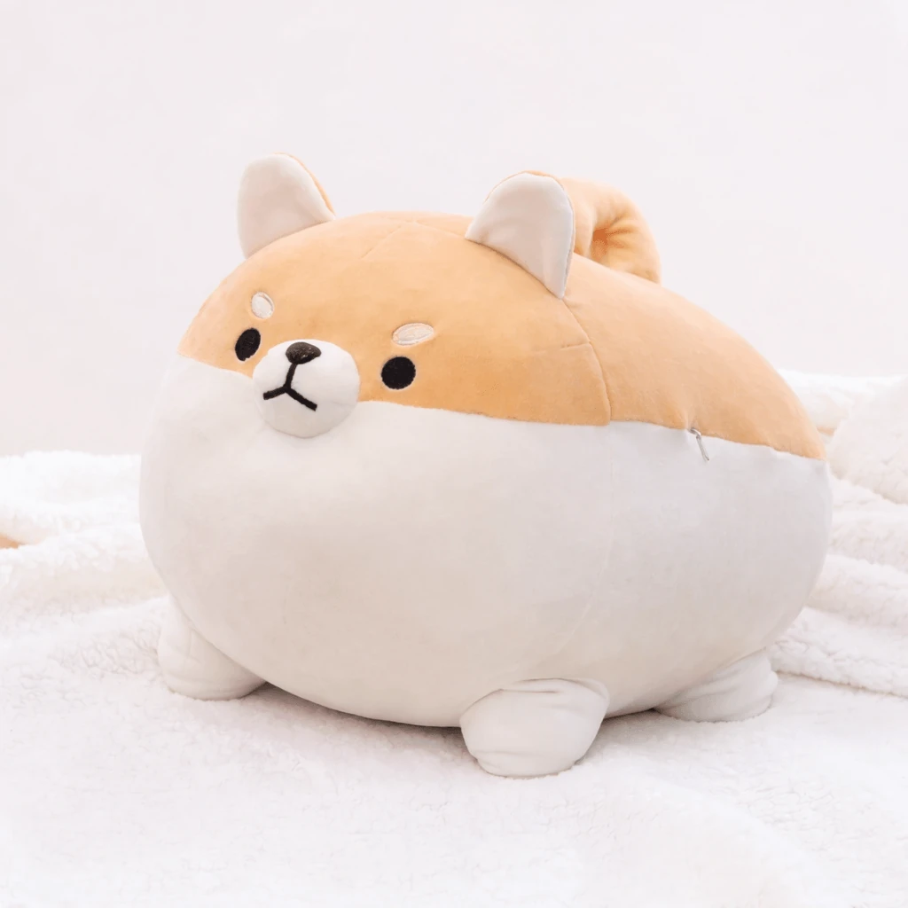 Round Shiba Dog Plush with Curled Tail and Embroidered Face
