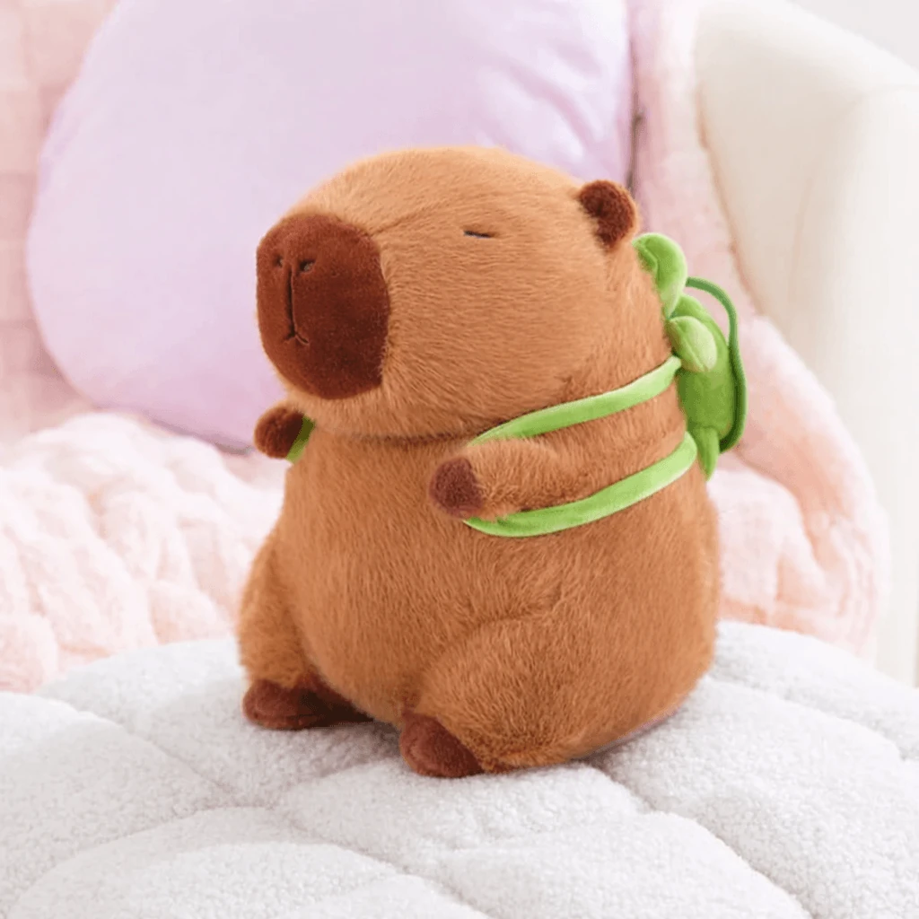 Capybara Plush with Green Turtle-Style Backpack