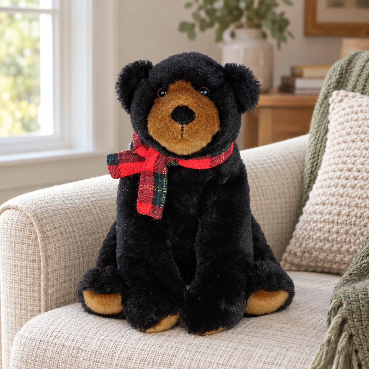 Cedar Black Bear Plush with Tan Muzzle and Red Plaid Bow