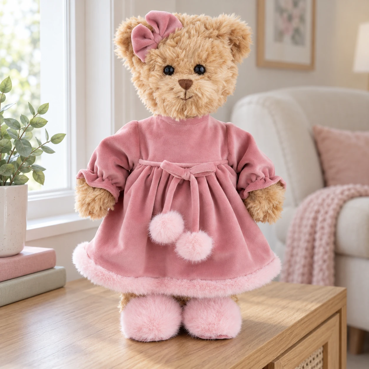 Aiko Teddy Bear in Pink Dress with Pom-Pom Bow