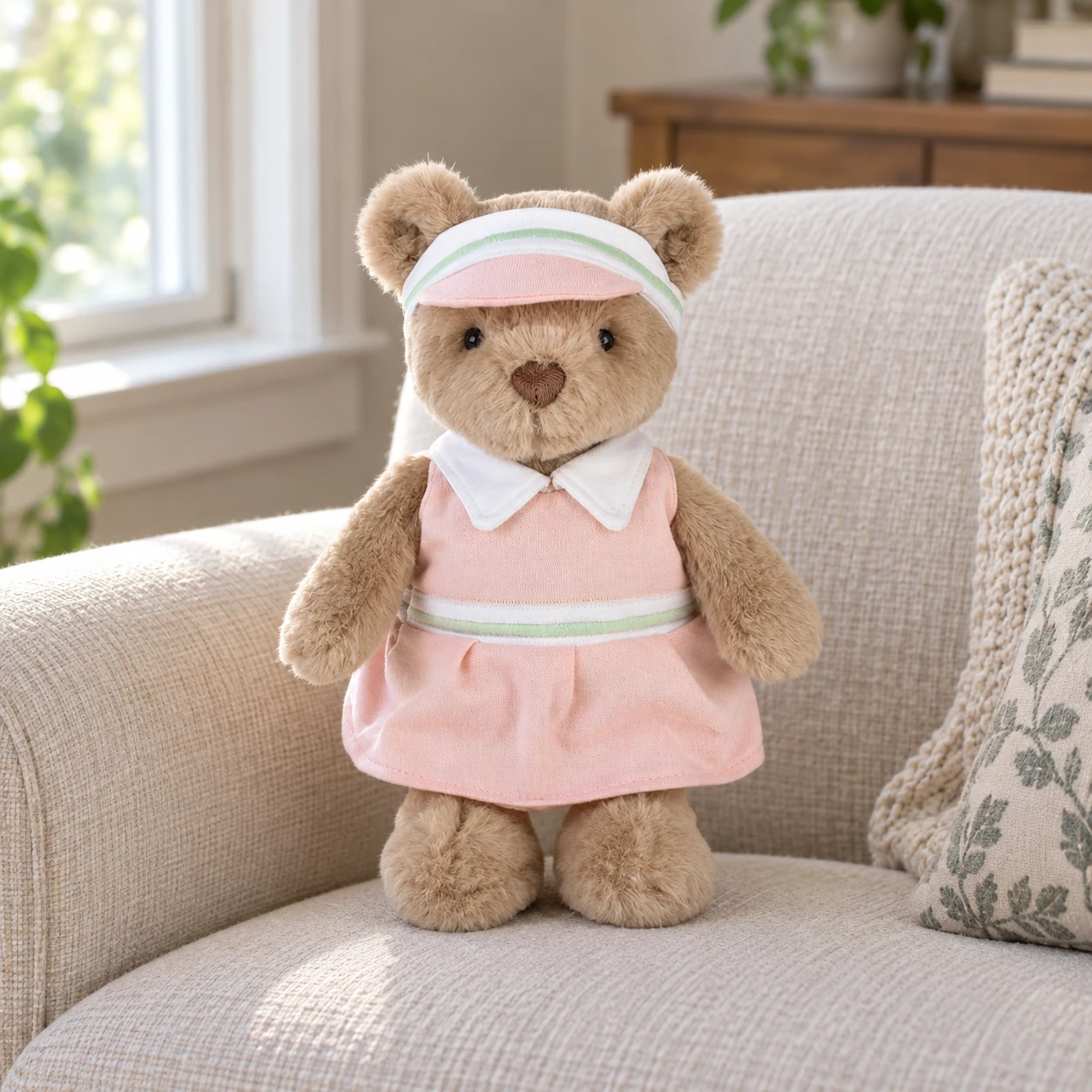 Birdie Golf Teddy Bear in Pink Dress and Striped Visor