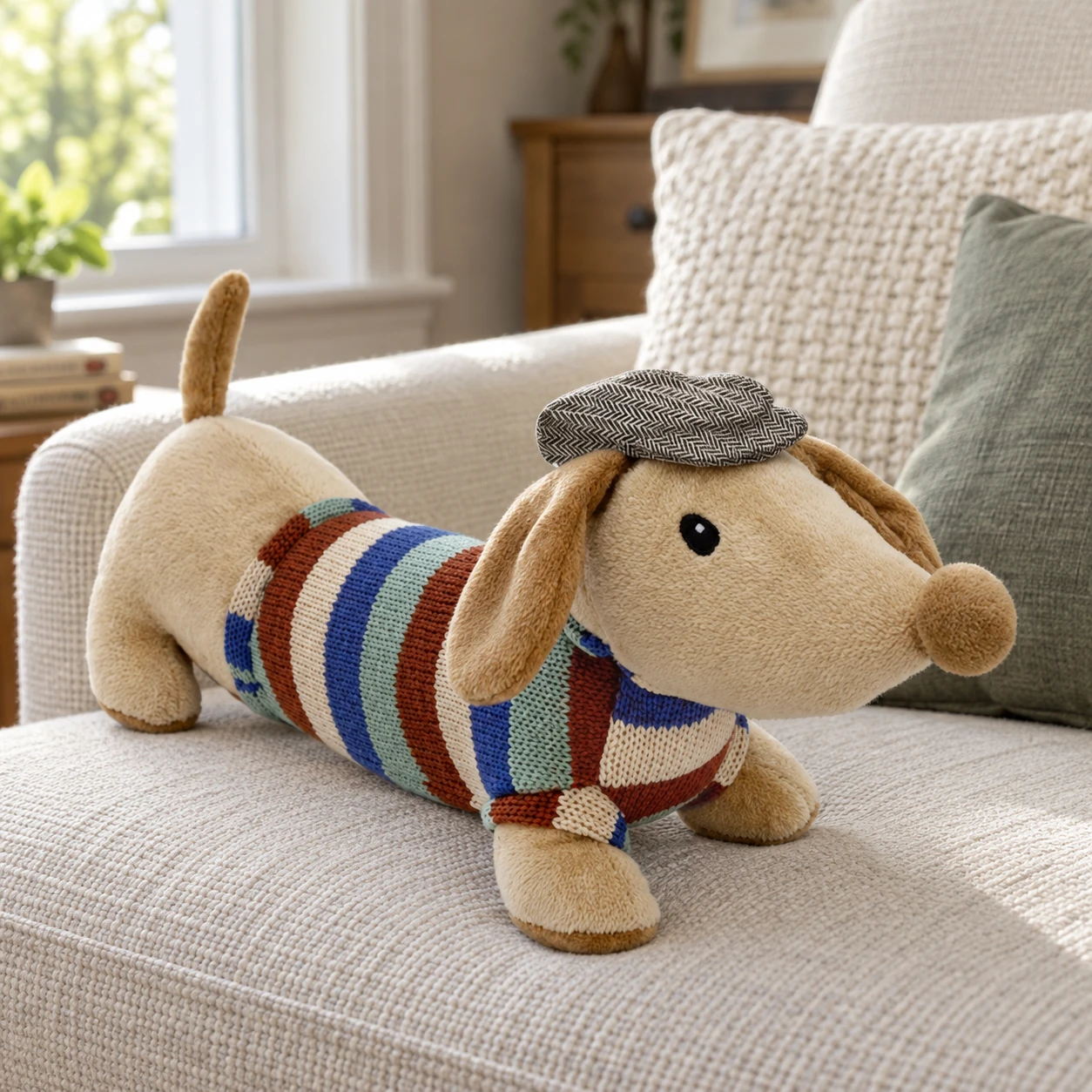 Pierre Dachshund Plush in Striped Sweater and Gray Cap