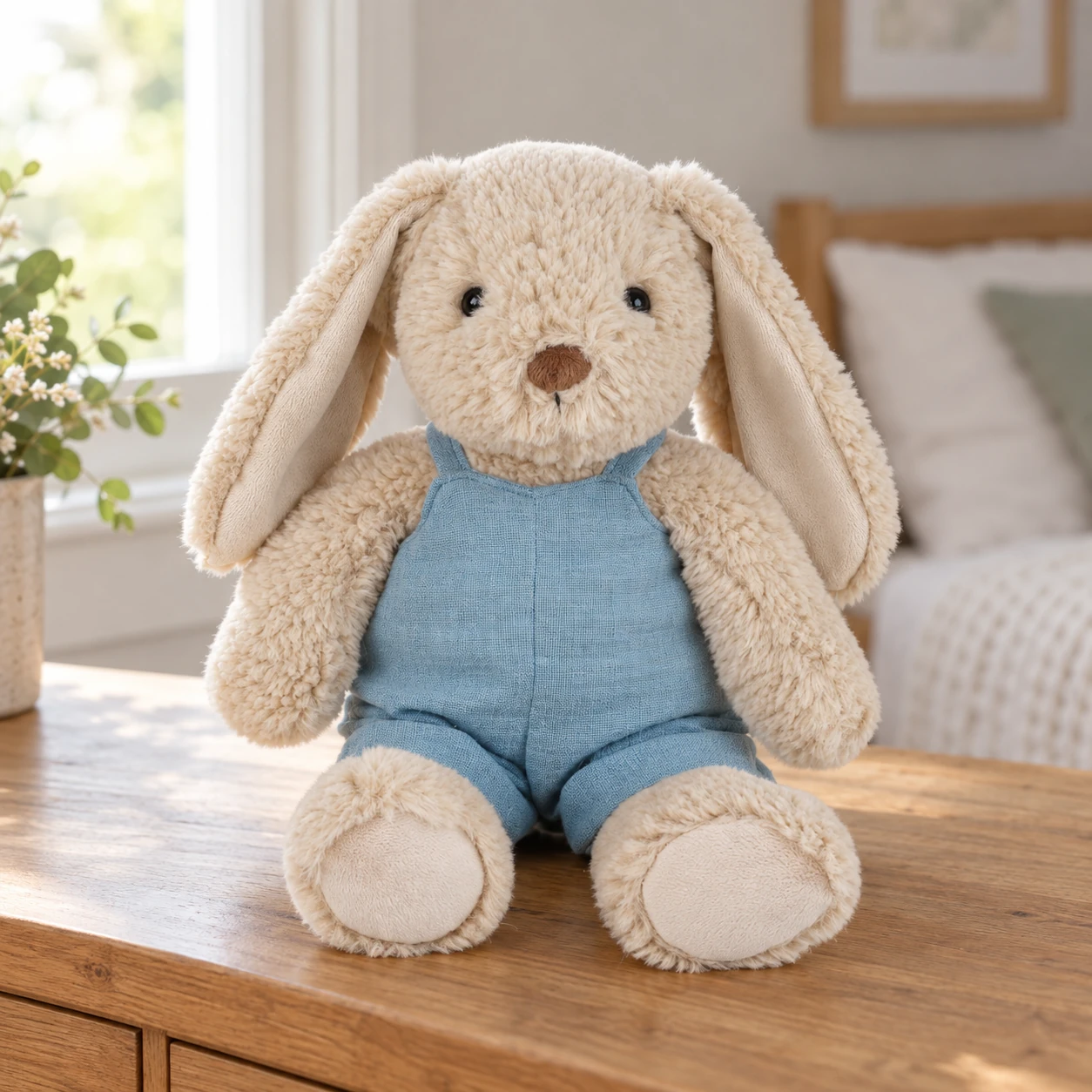 Bramble Rabbit Plush in Blue Overalls with Floppy Ears