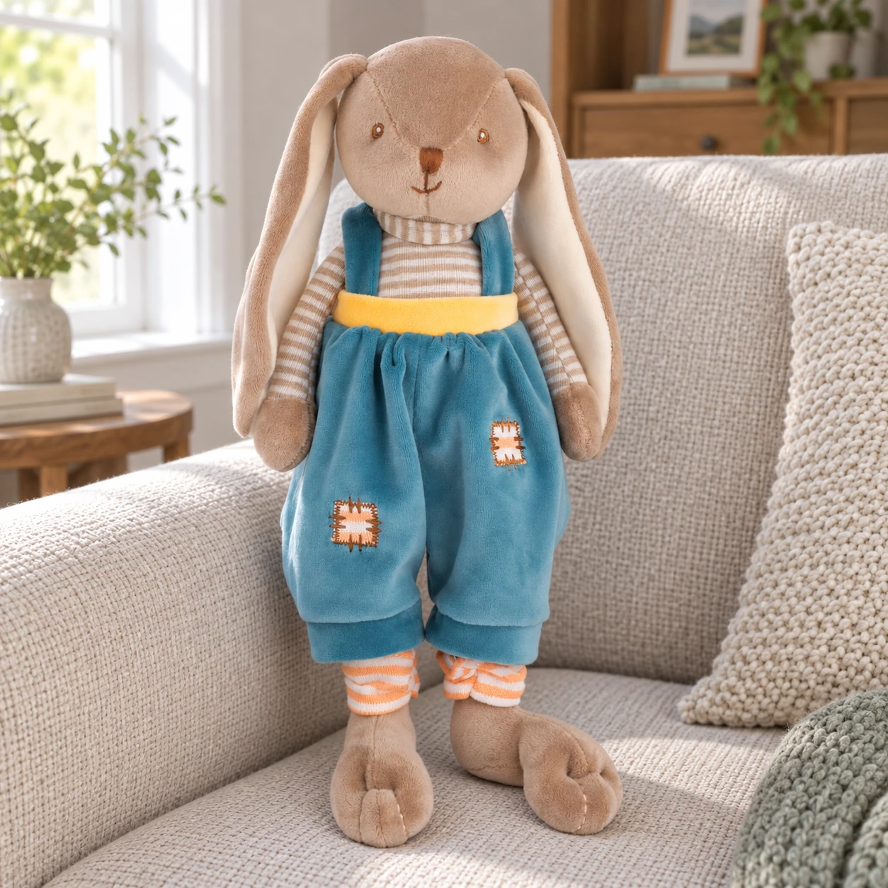 Bunny Brother Plush in Blue Overalls and Striped Top