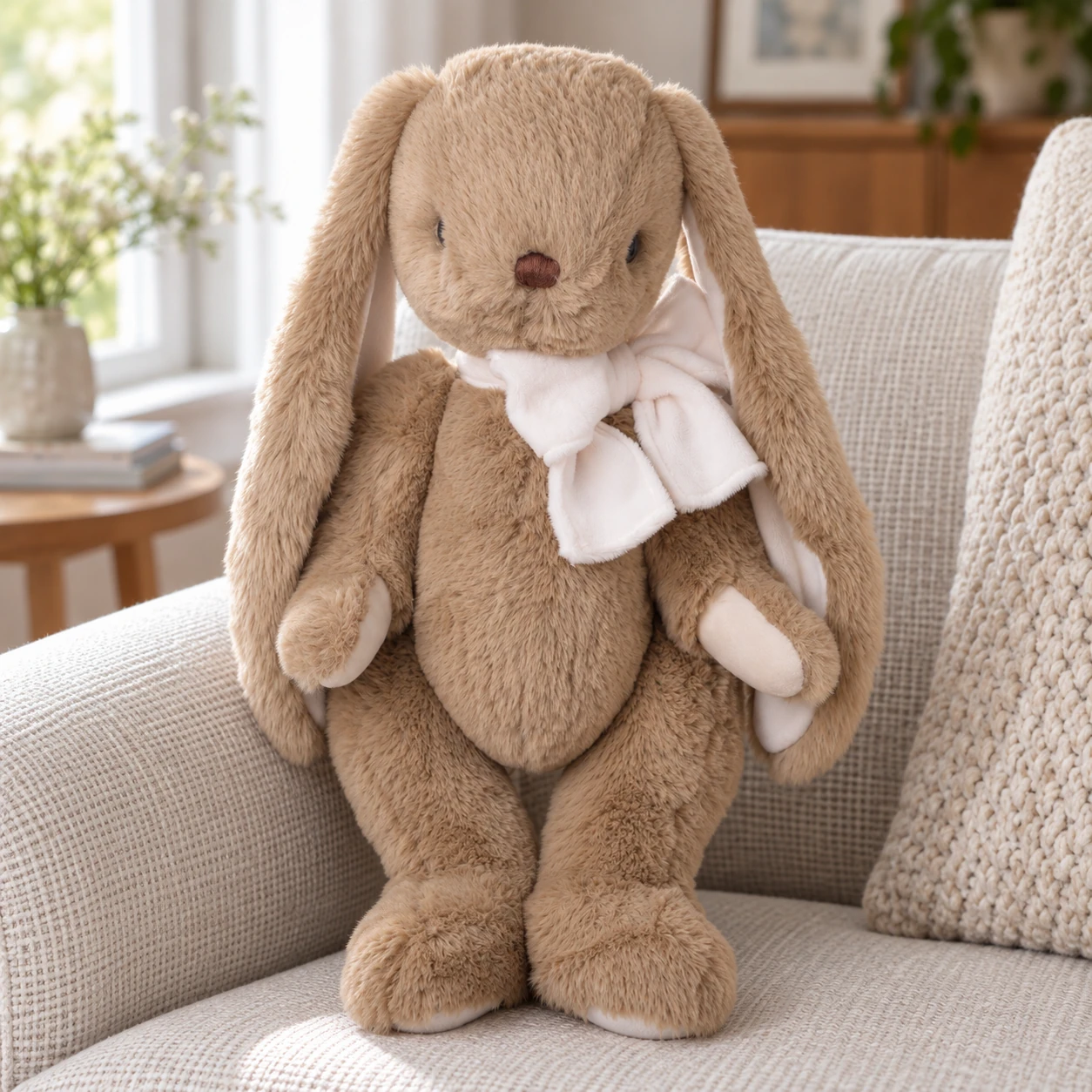 Patrick Cream Rabbit Plush with Large White Neck Bow