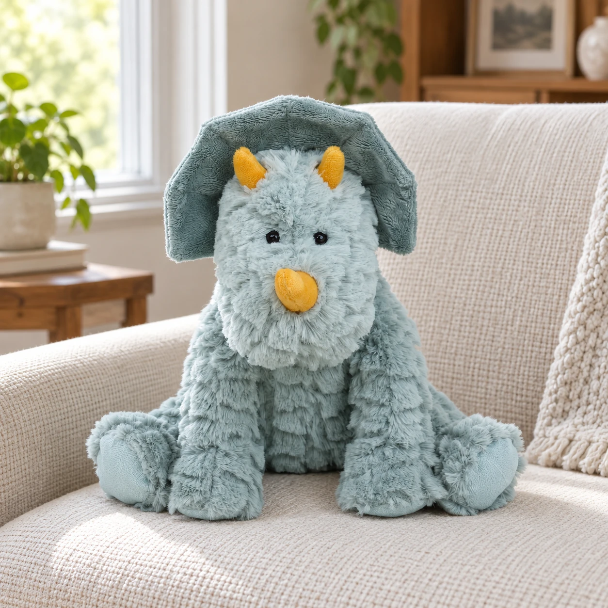 Bashful Blue Triceratops Plush with Three Yellow Horns