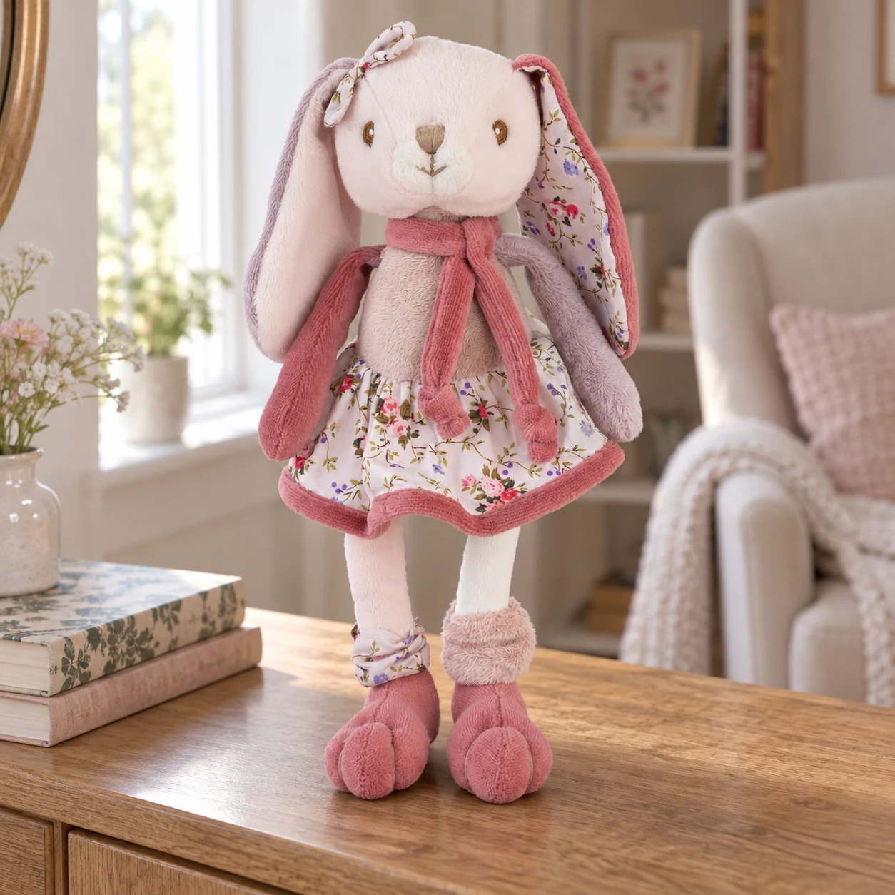 Bibi Rabbit Plush in Floral Dress with Pink Scarf