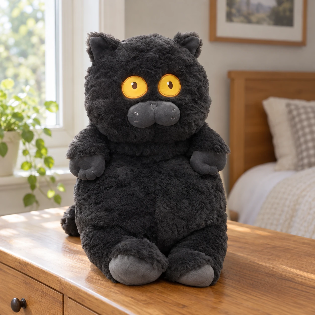 Fluffy Cat Plush with Large Round Eyes and Pointed Ears