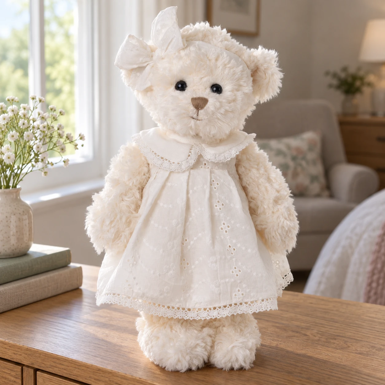 Nikole Teddy Bear in Cream Nightgown and Head Bow