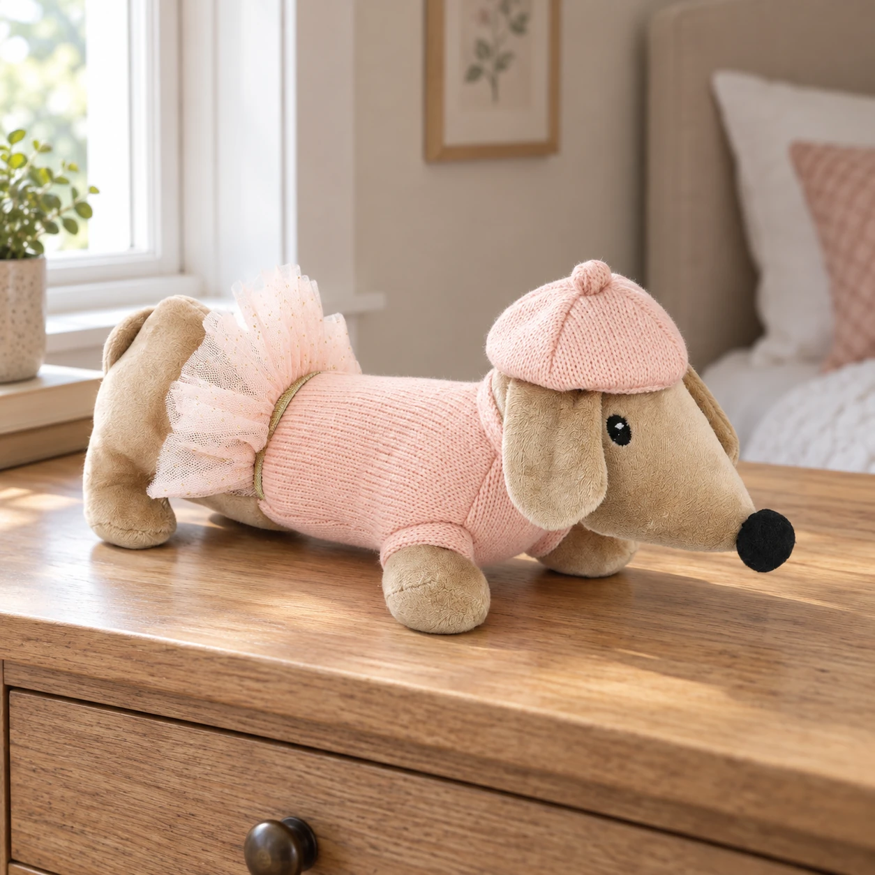 Mon Cheri Dachshund Plush in Pink Sweater and Cap
