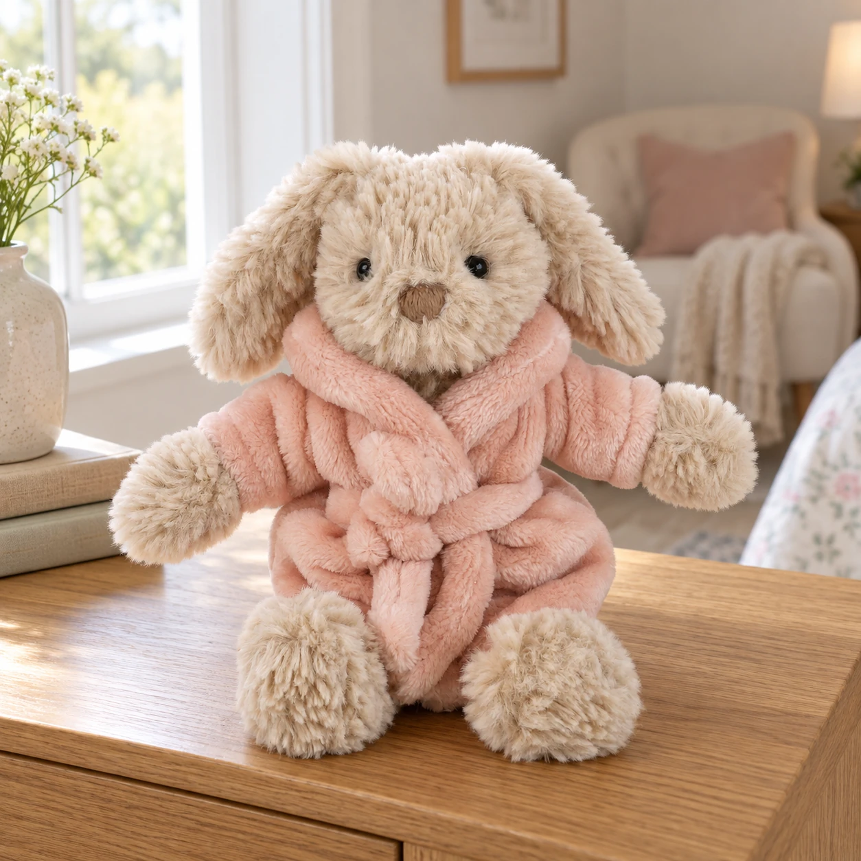Minnie Rose Rabbit Plush in Pink Belted Bathrobe