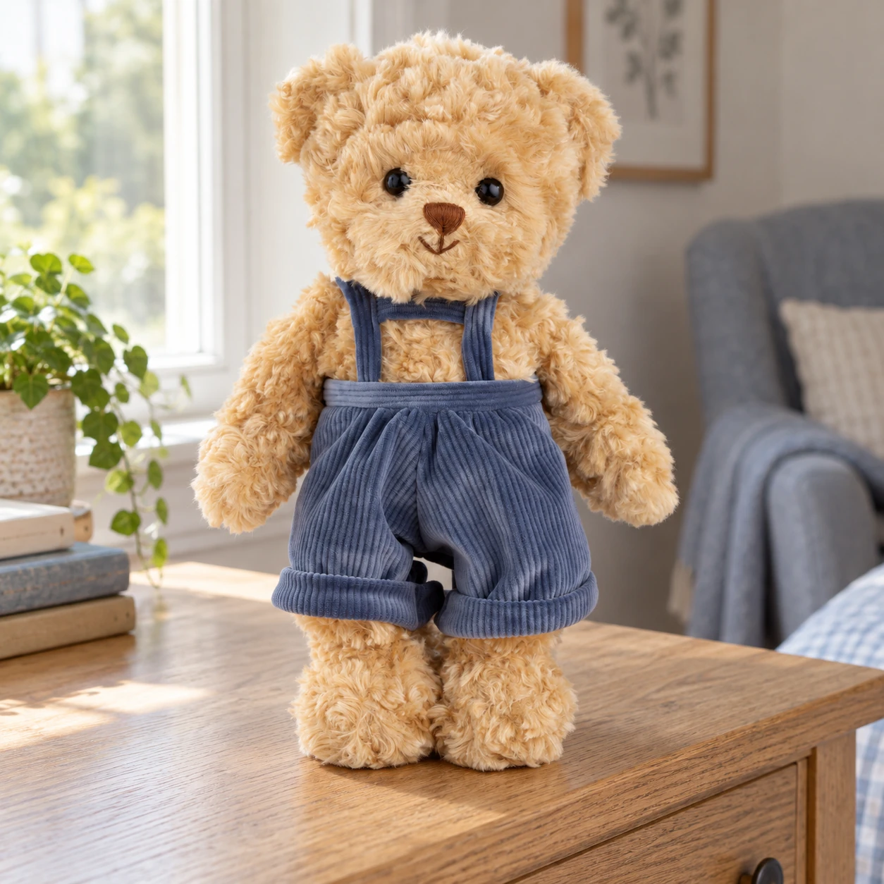 Mavi Teddy Bear in Blue Corduroy Suspender Shorts
