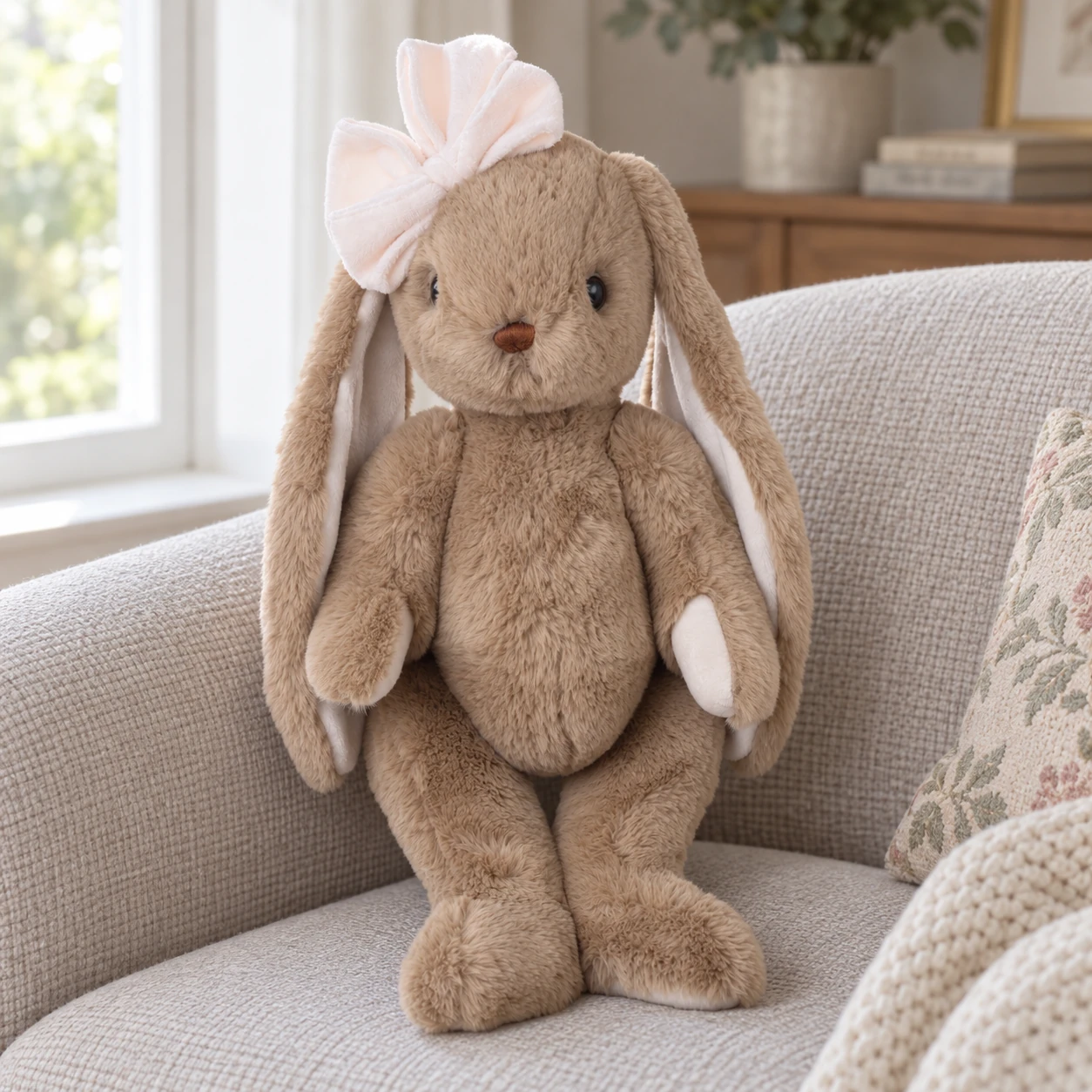 Gabrielle Taupe Rabbit Plush with Pink Bow and Foot Pads