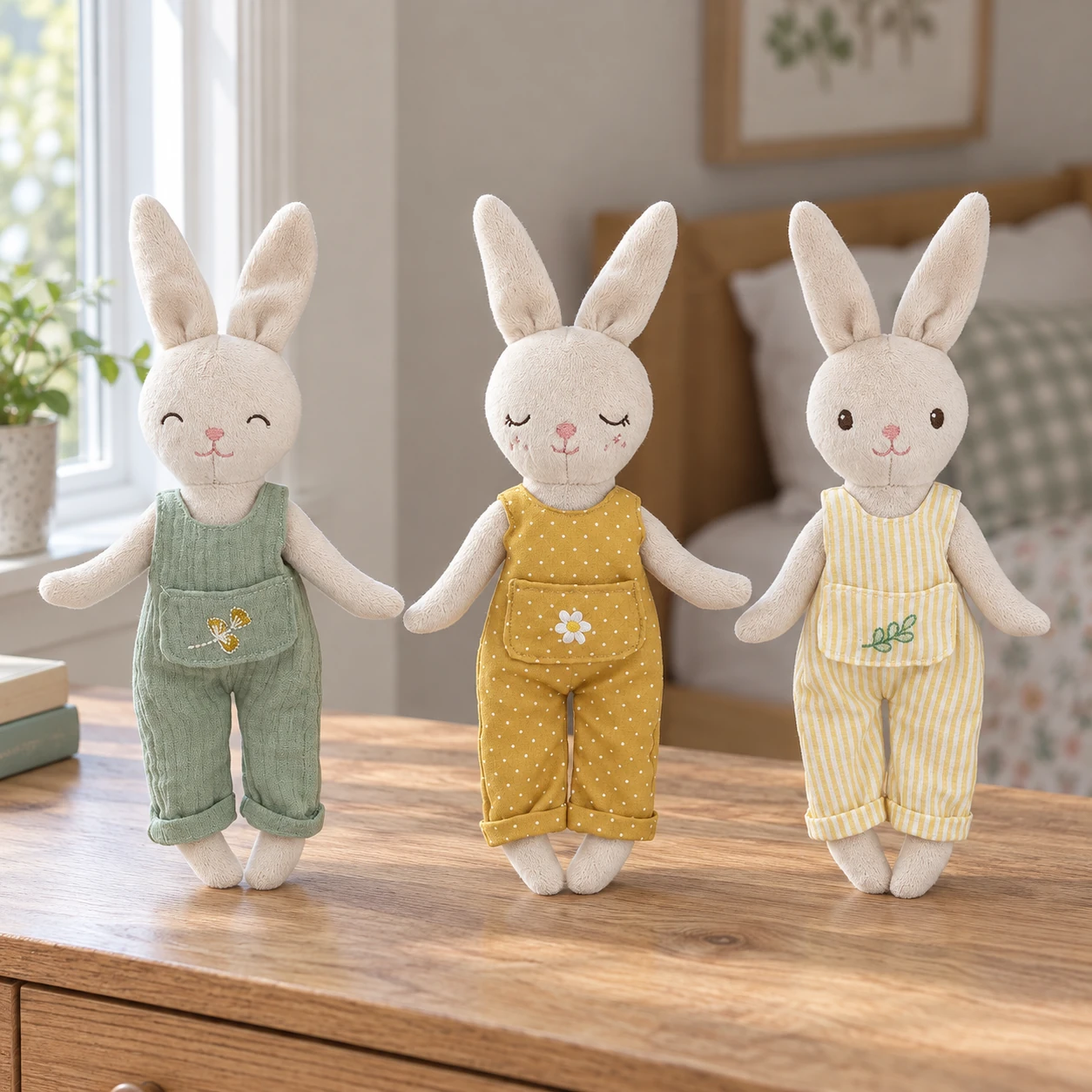 Baby Bunny Trio Plush Set in Three Colored Overalls