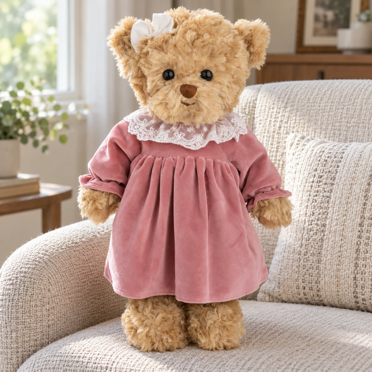 Sophia Teddy Bear in Pink Dress with Ruffled Collar