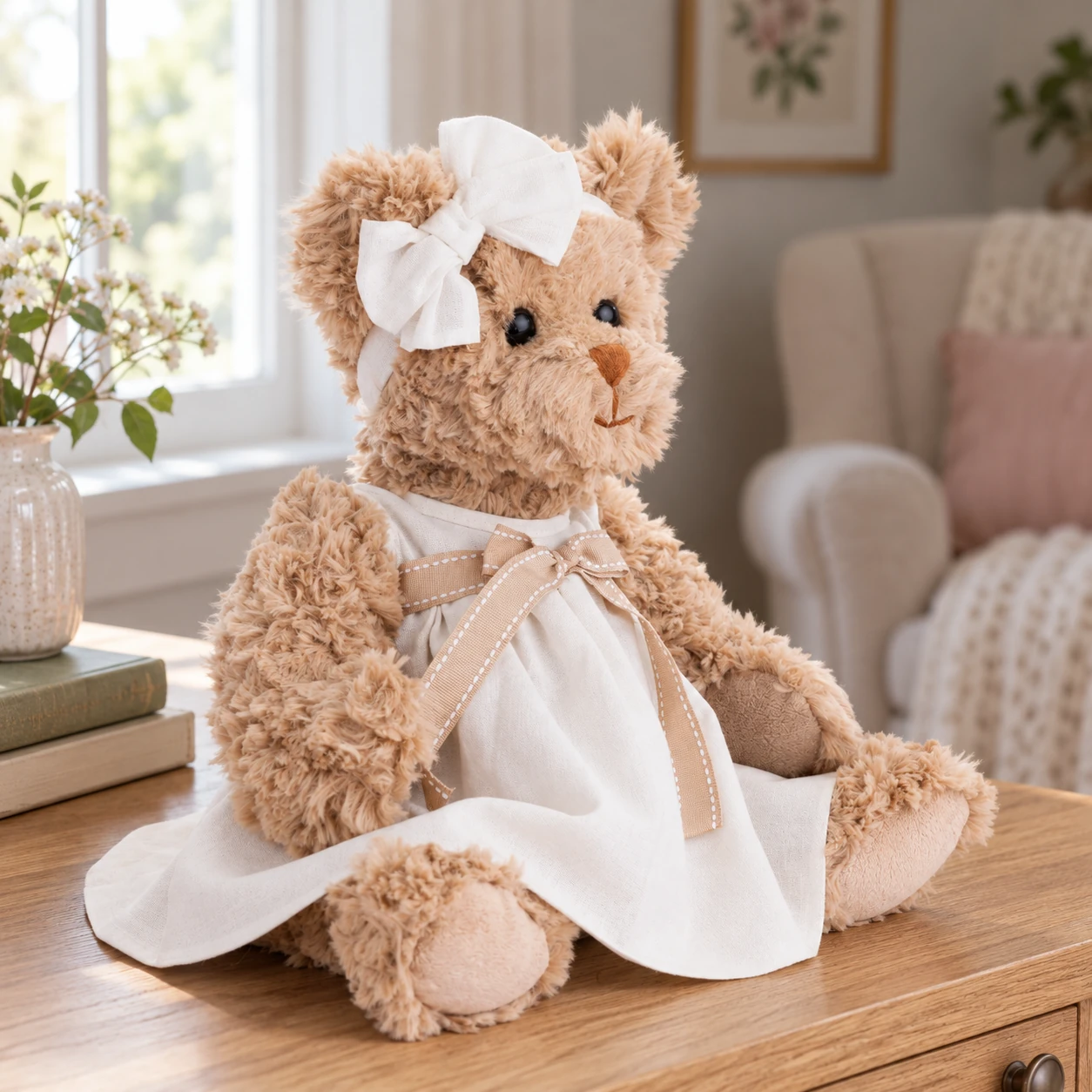 Bella Luna Teddy Bear in Cream Dress and Head Bow
