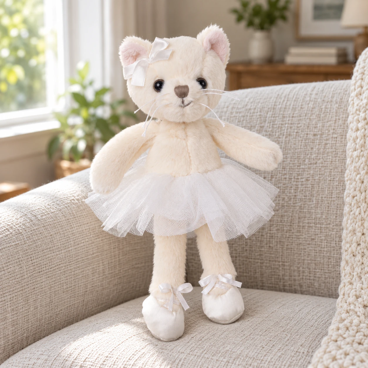 Anya Cat Ballerina Plush with White Tutu and Head Bow