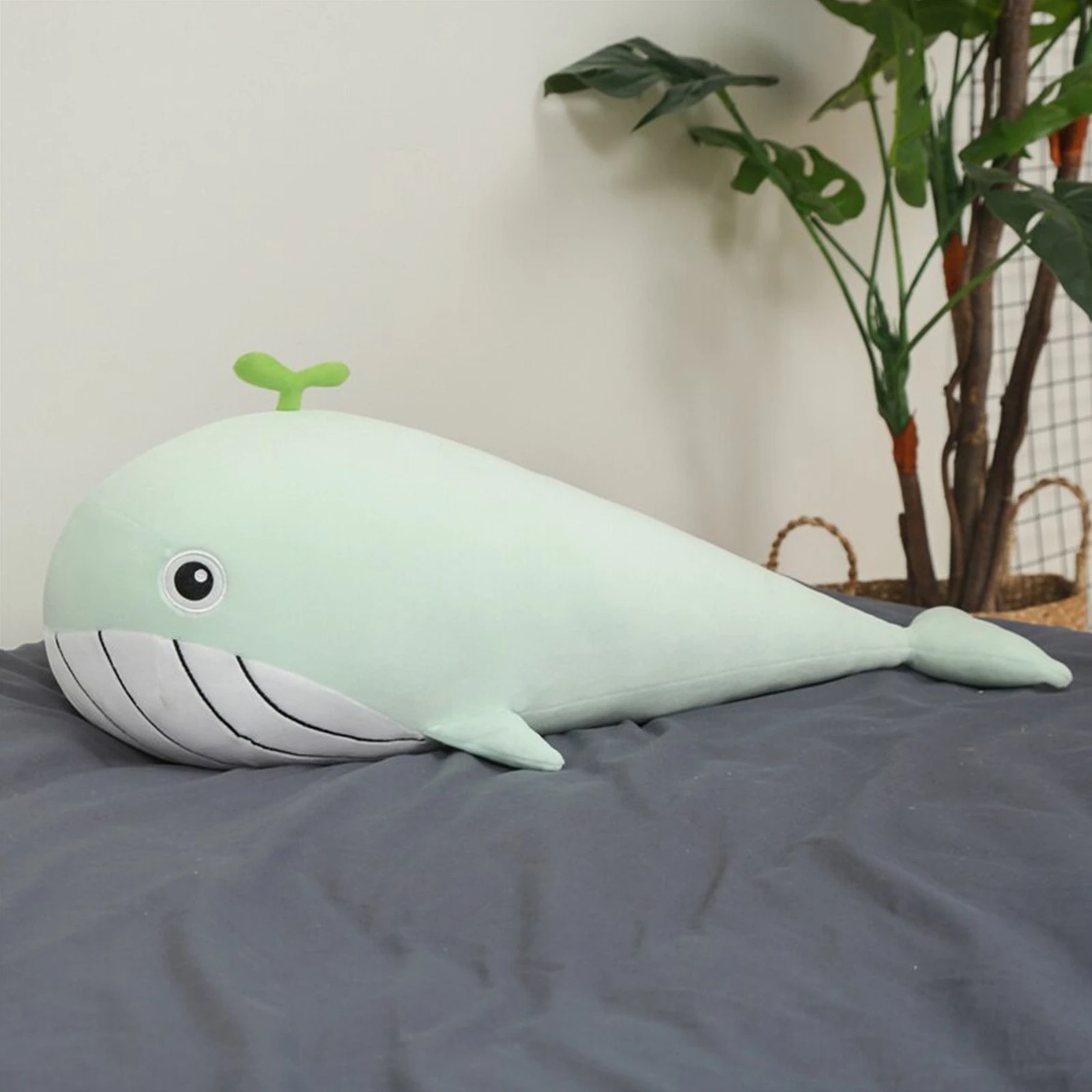 Cuddly Whale Plush with Striped Belly and Head Sprout