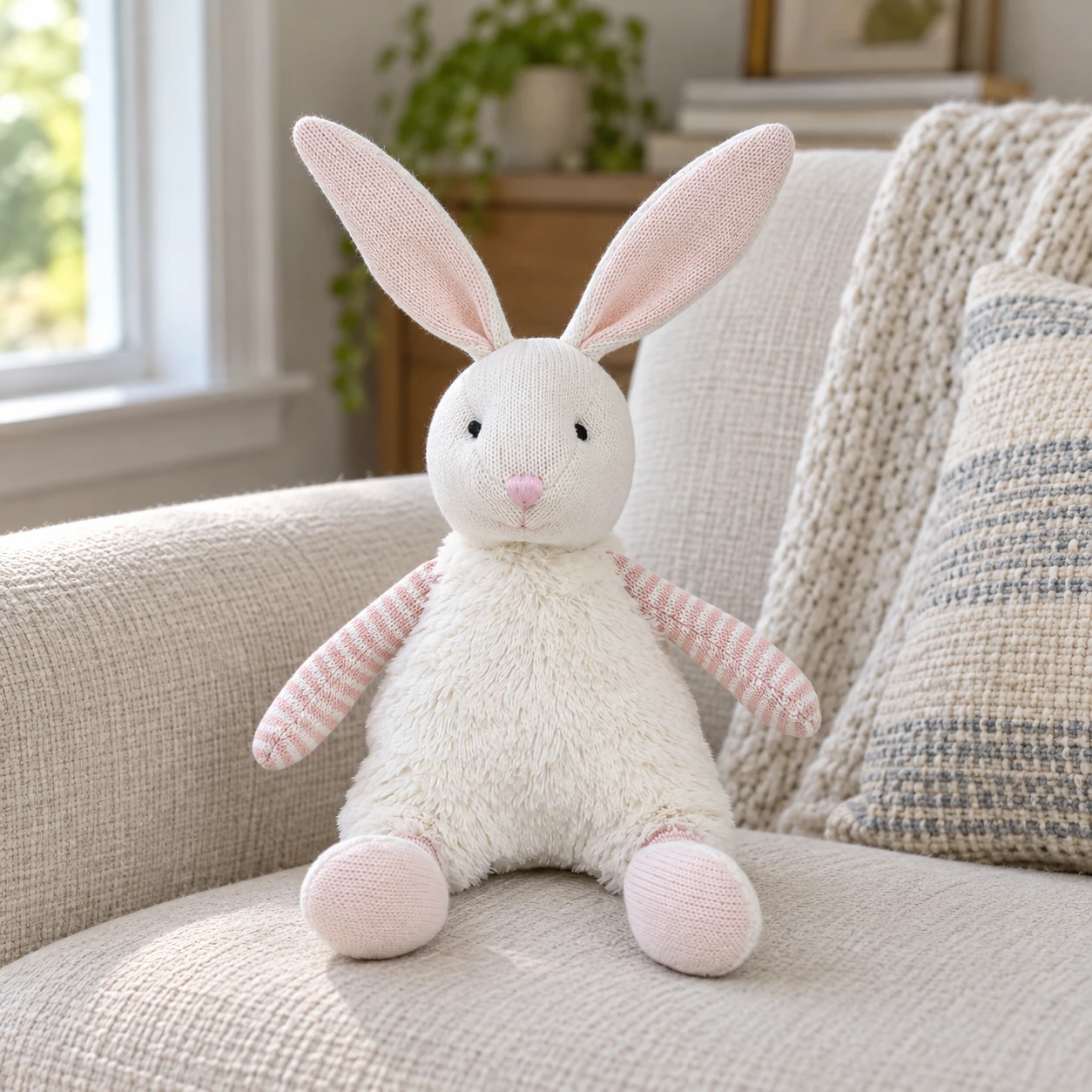 Floppy Rabbit Plush with Striped Knitted Arms and Feet