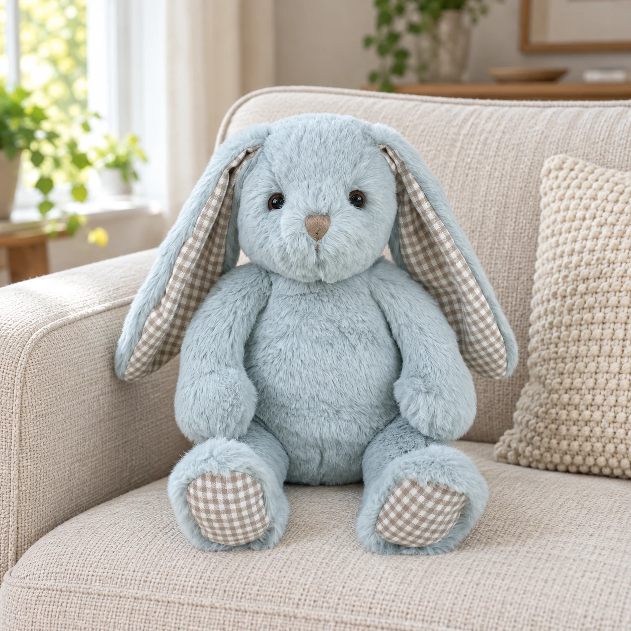 Asher Blue Rabbit Plush with Gingham Ears and Foot Pads