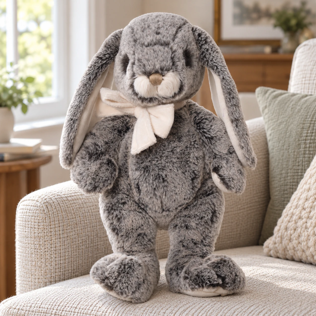 Russell Gray Rabbit Plush with White Bow and Floppy Ears