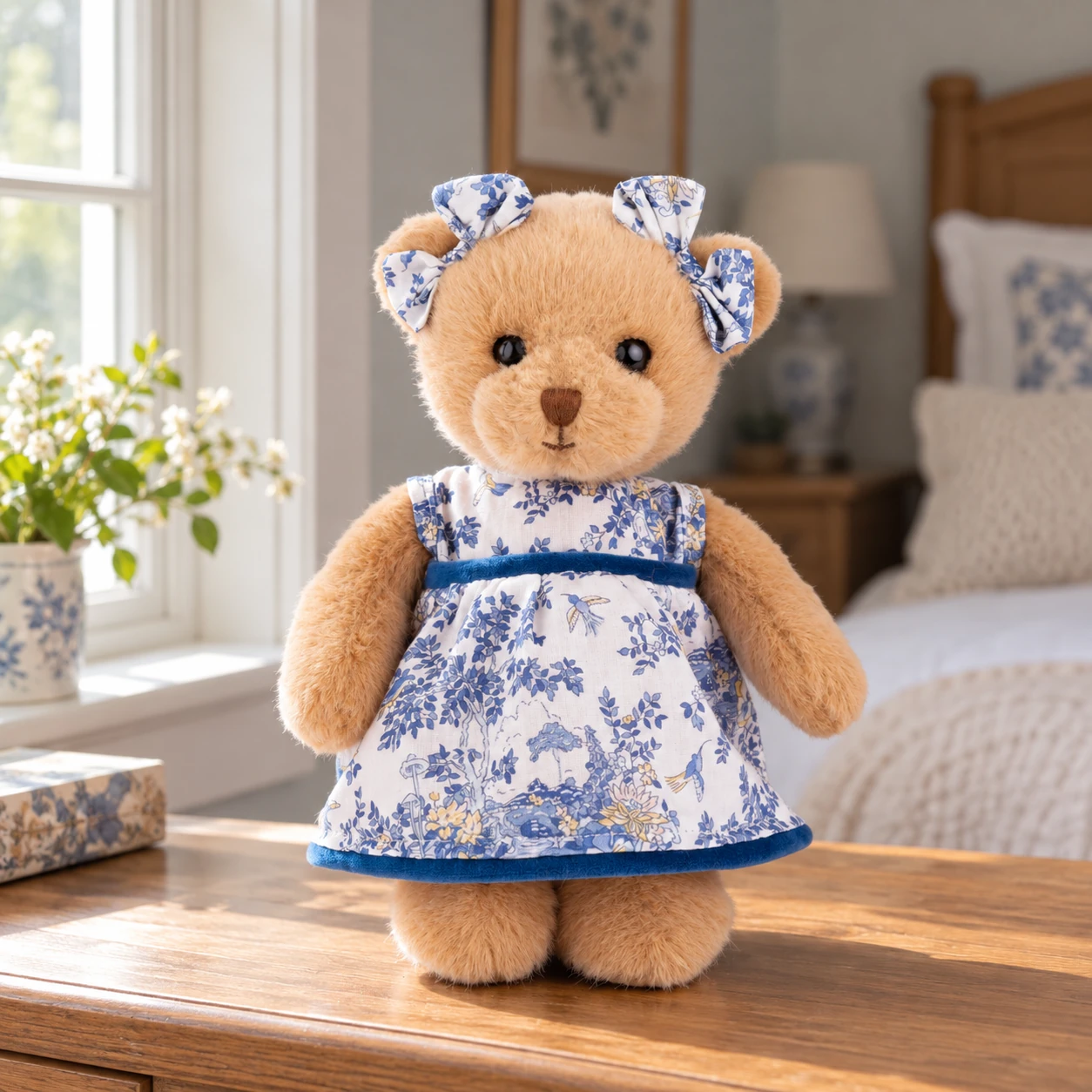 Lily Teddy Bear in Blue Floral Dress and Matching Bows
