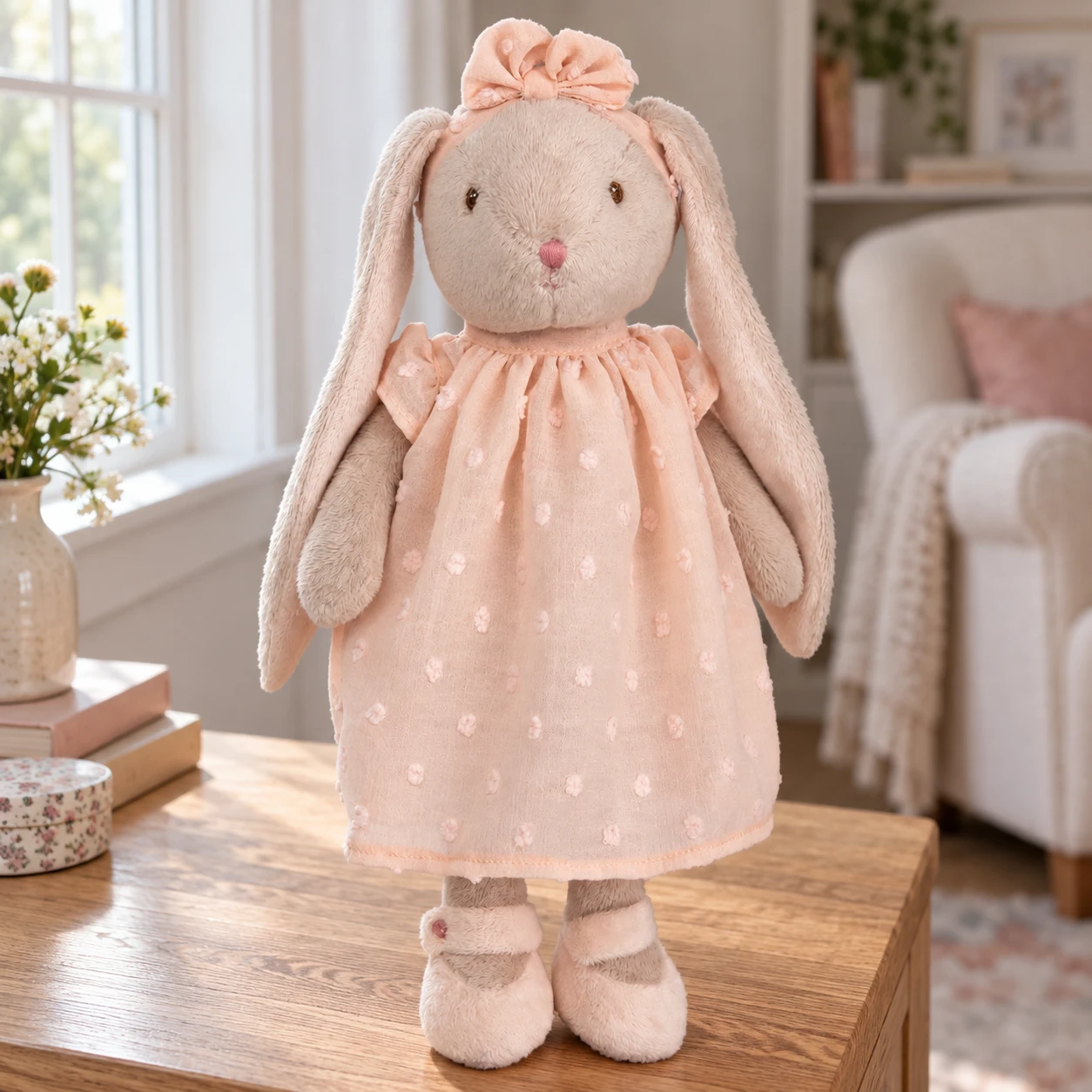 Lenka Rabbit Plush in Peach Dress and Striped Stockings