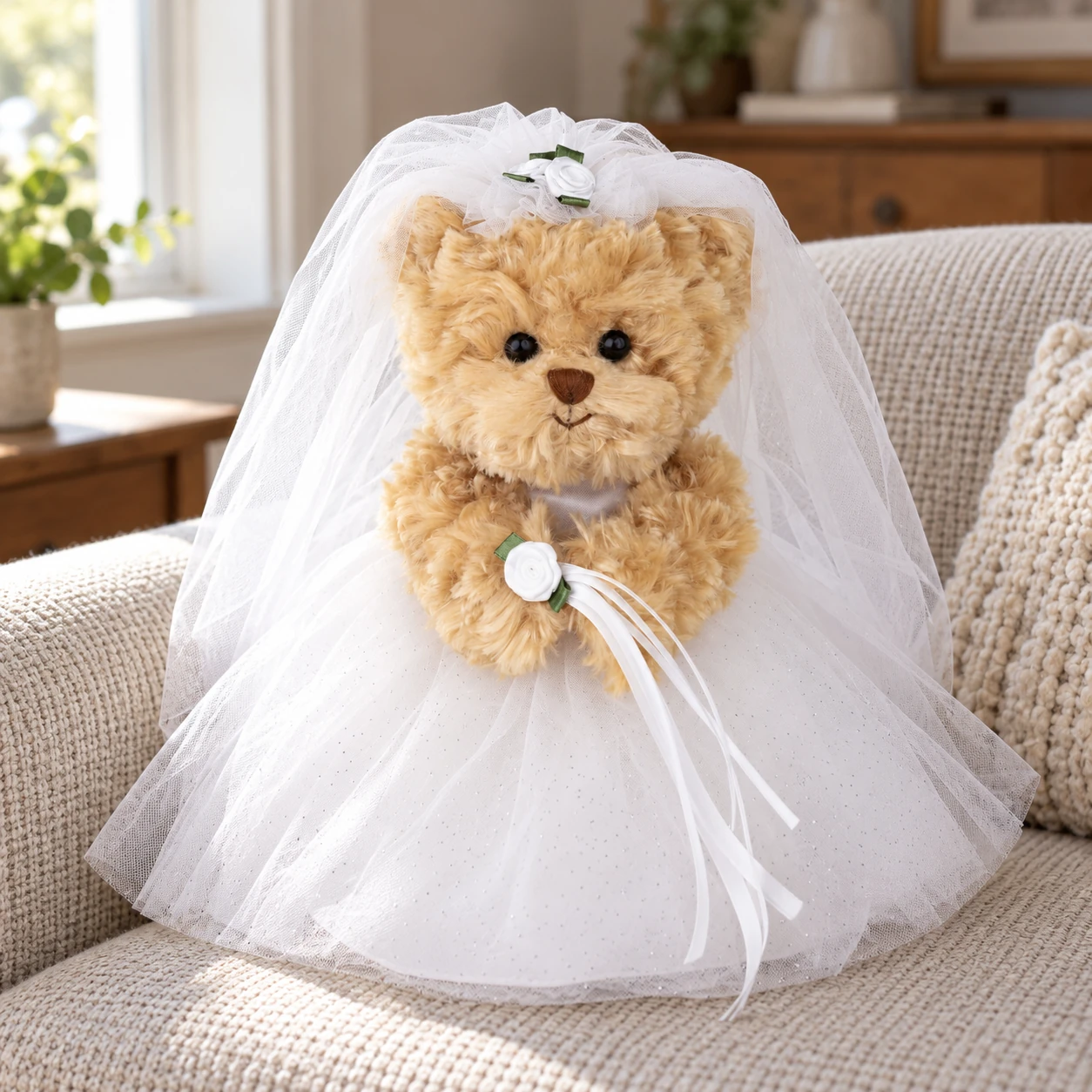 Bride Teddy Bear with Lace Gown, Veil and Bouquet