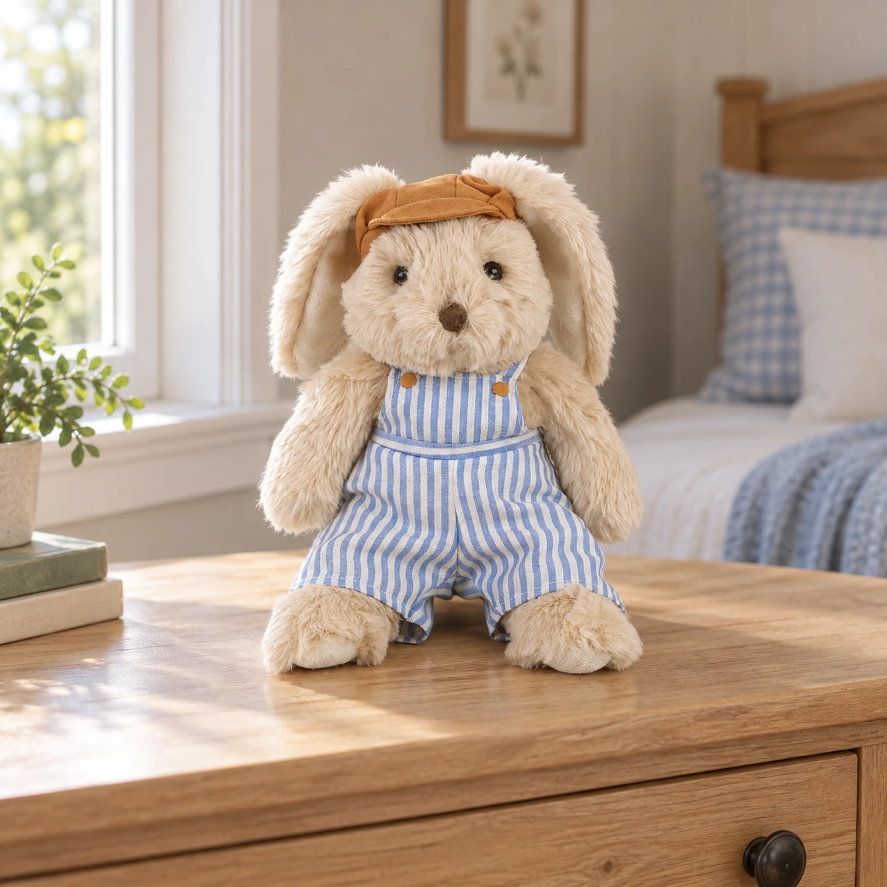 Benjamin Rabbit Plush in Striped Overalls and Tan Cap