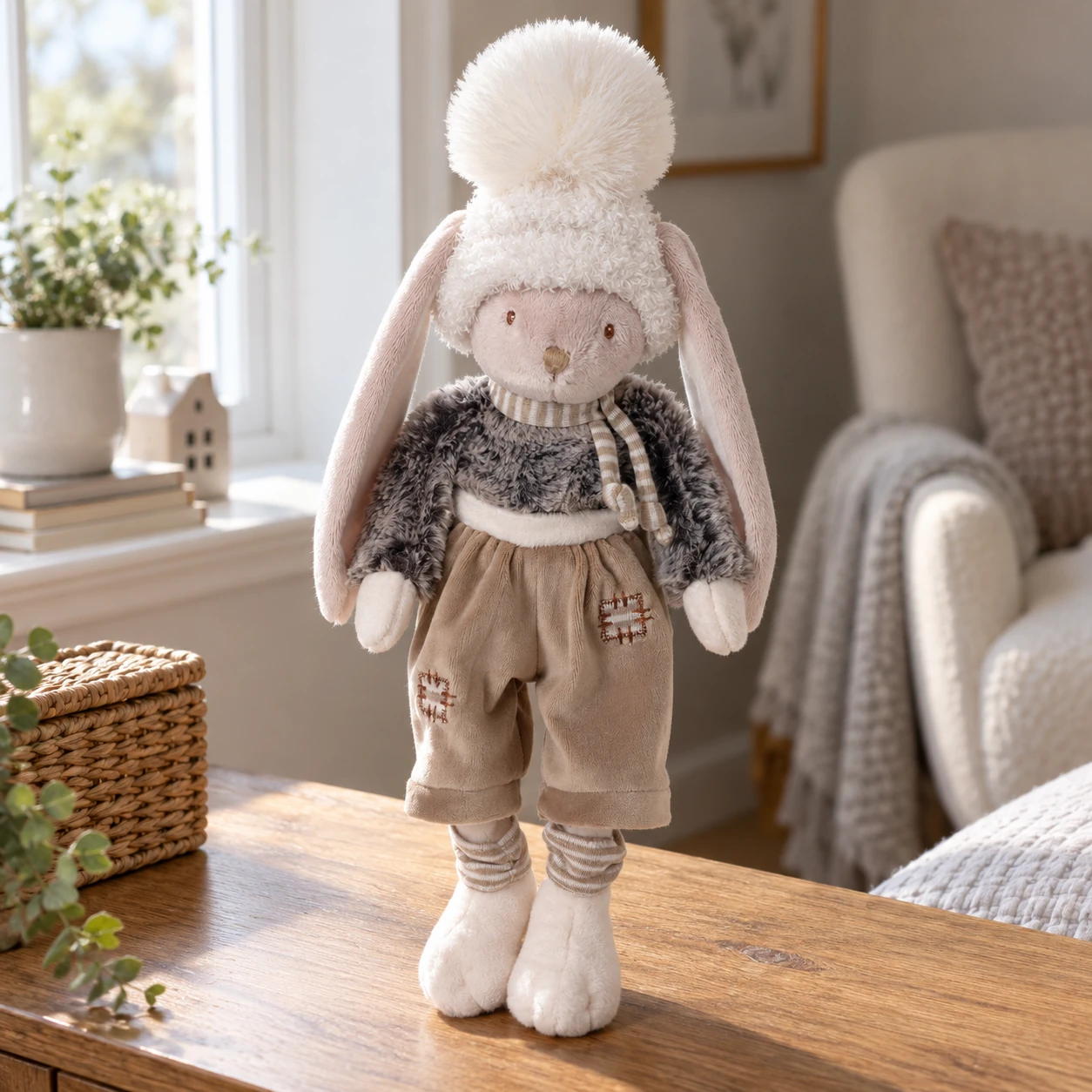 Deen Rabbit Plush in Knitted Hat, Scarf and Trousers