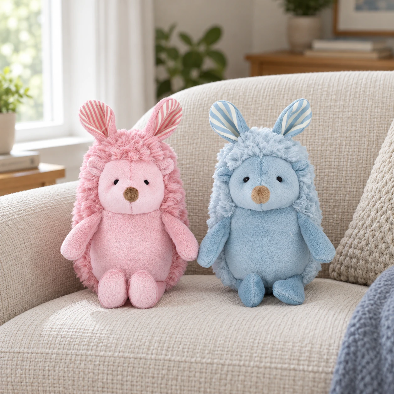 Bunny-Ear Hedgehog Plush Duo in Pink and Blue
