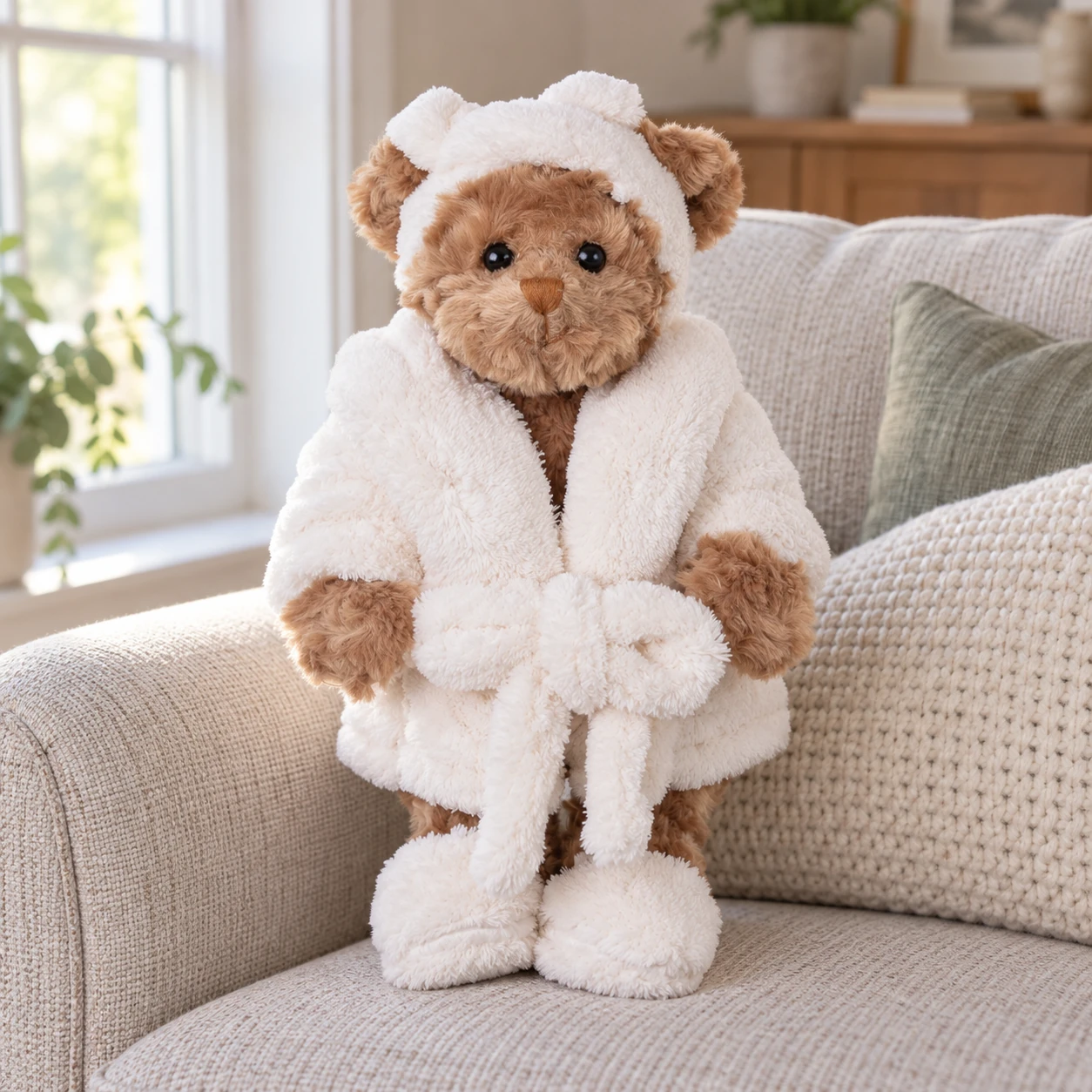 Mrs. Bukowski Teddy Bear in White Robe and Head Bow