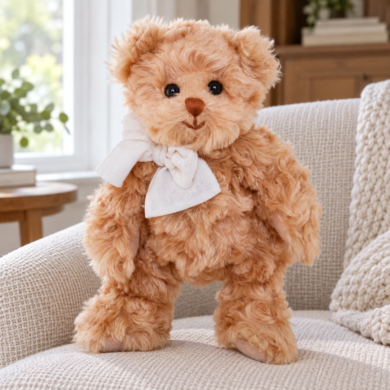 Little Daniel Curly Teddy Bear with White Ribbon