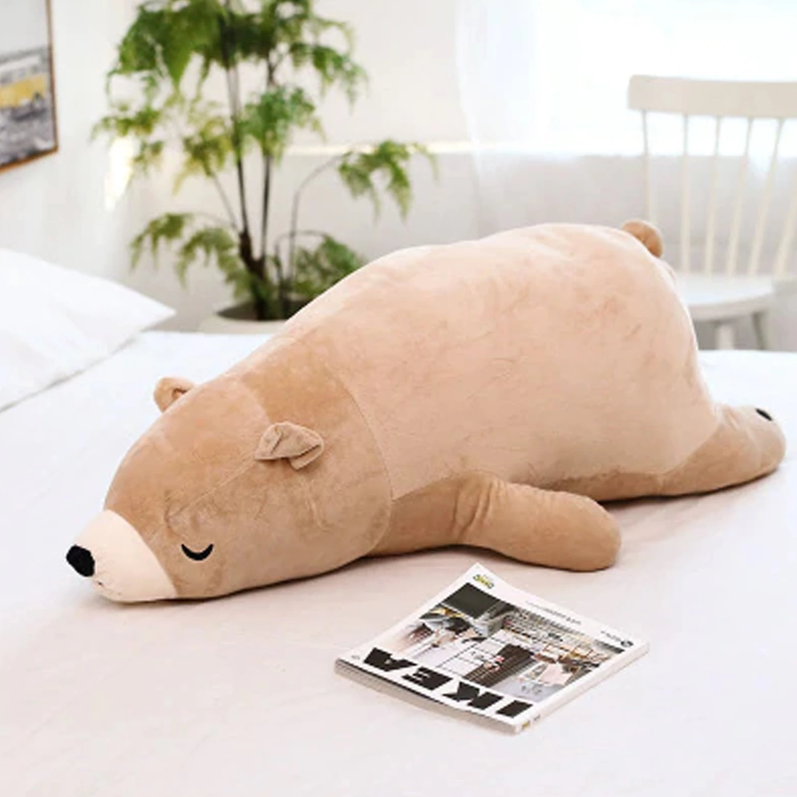 Sleeping Bear Plush with Long Body and Embroidered Eyes