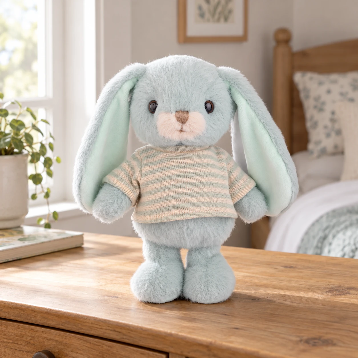 Bouncy Bunny Plush in Blue and Cream Striped Shirt