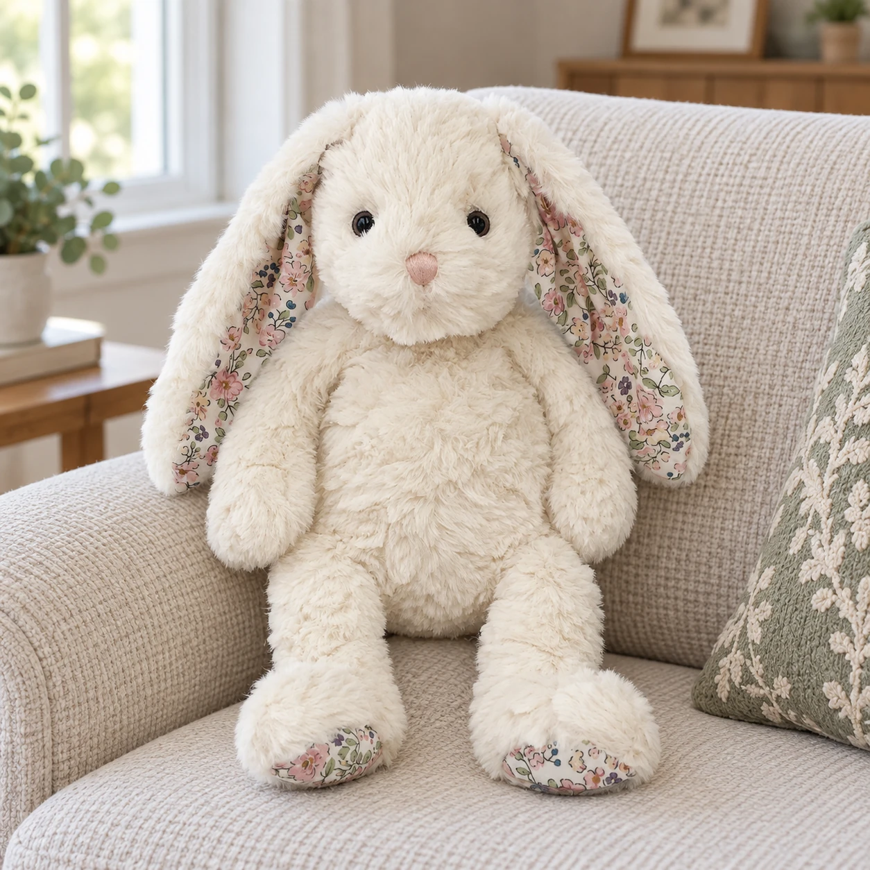 Faith Cream Rabbit Plush with Floral Ears and Foot Pads
