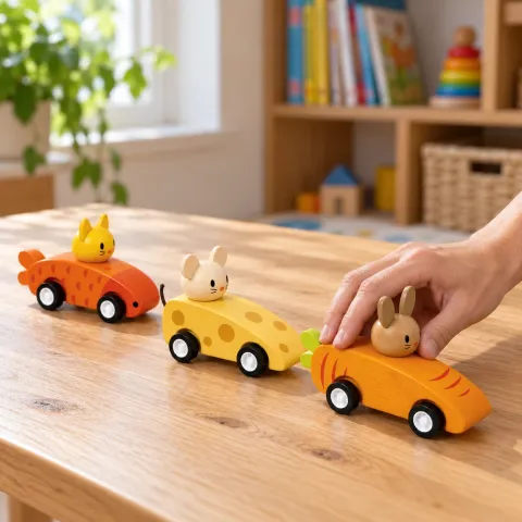 Wooden Animal Pull-Back Car Trio