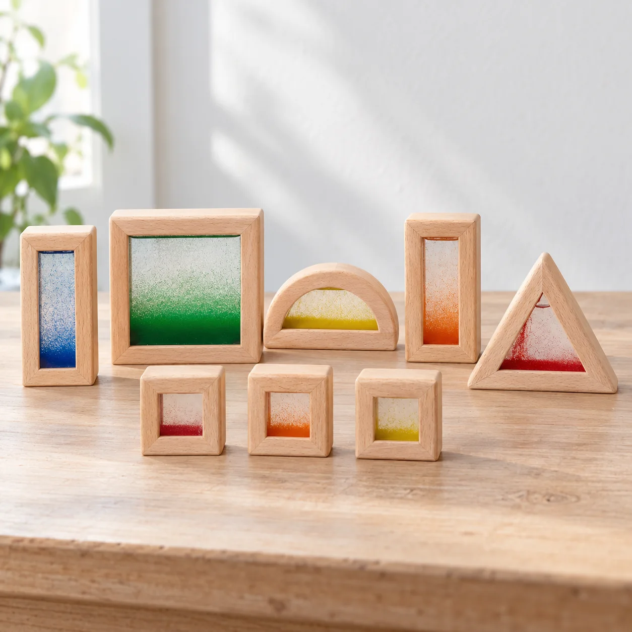 Eight wooden sand-filled sensory window blocks: lead view; props excluded