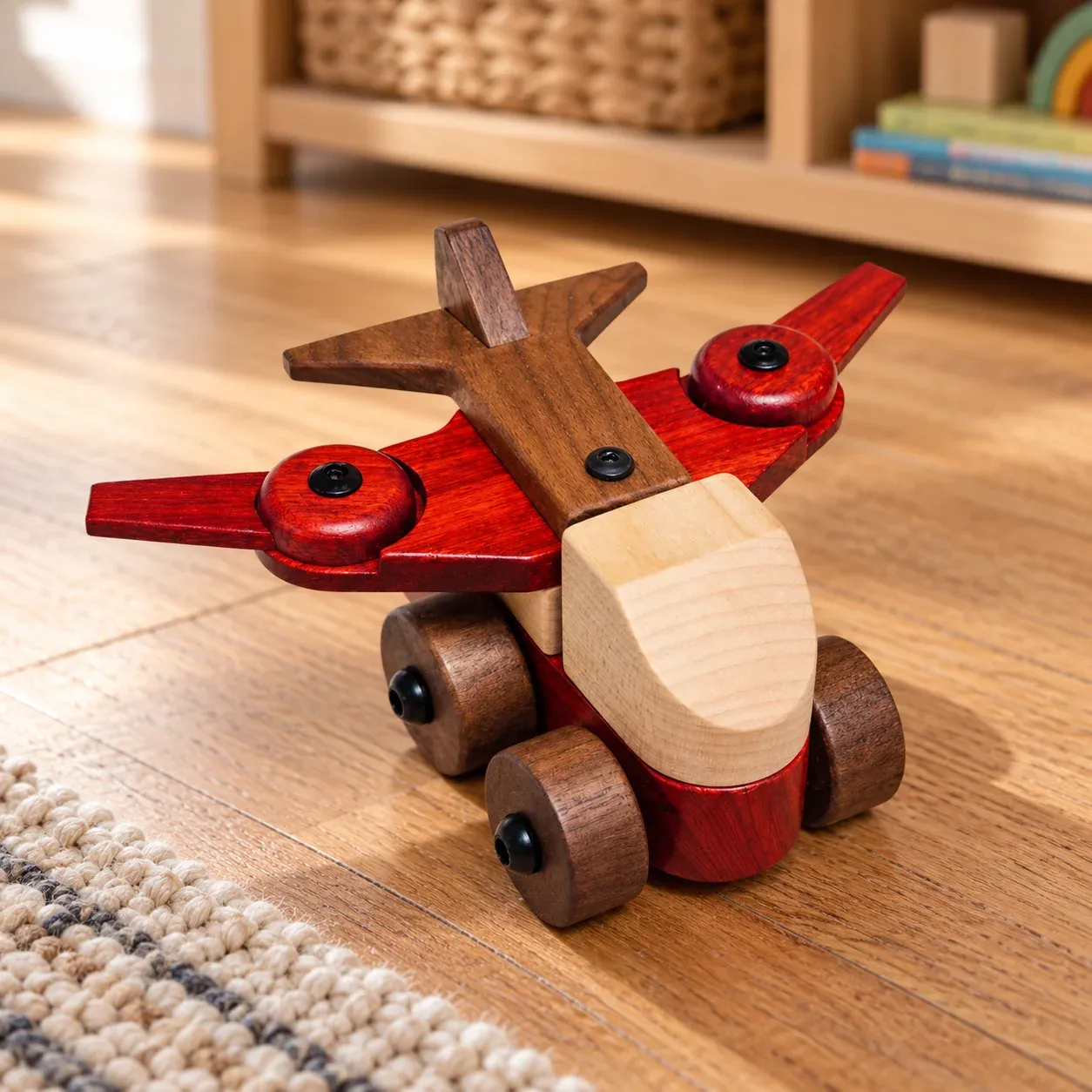 Wooden airplane ready for rolling play on a playroom floor beside a woven rug.