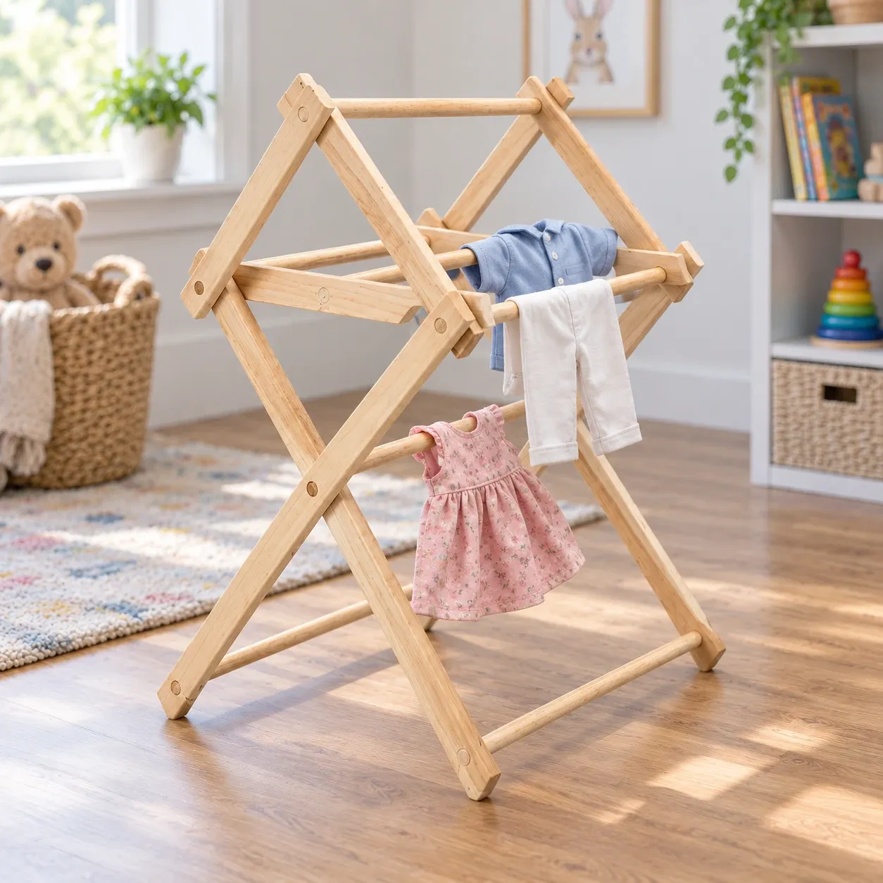 Wooden Toy Drying Rack - alternate photograph. Doll, garments, letters and scene props not included.