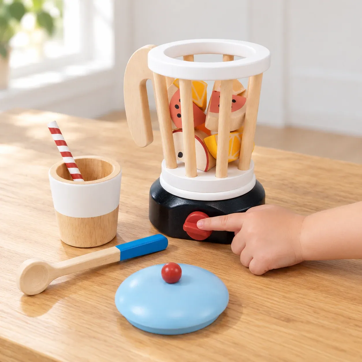 A hand pressing a toy blender control with wooden fruit inside the open jar