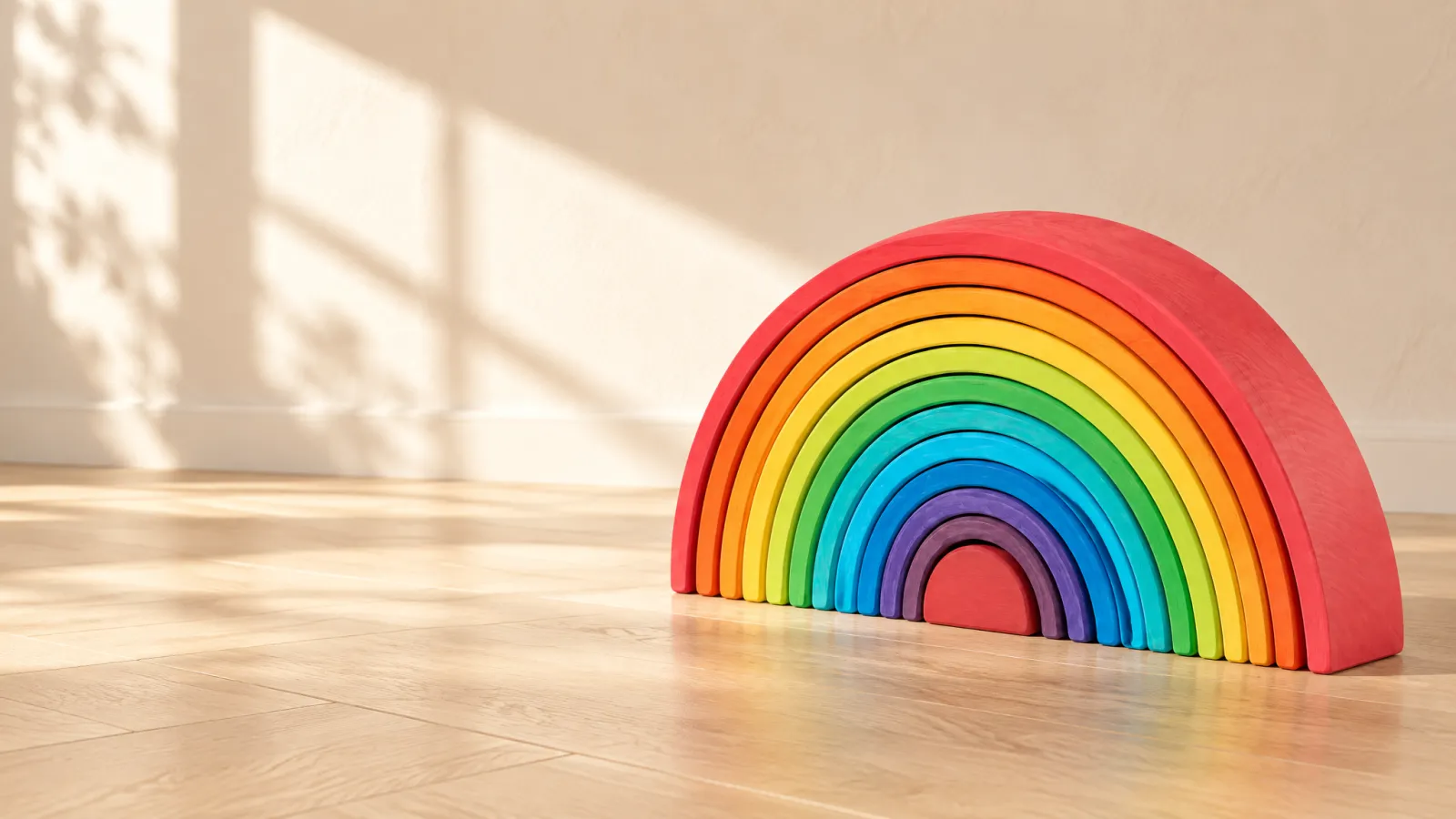 Twelve nested wooden rainbow pieces in warm afternoon light