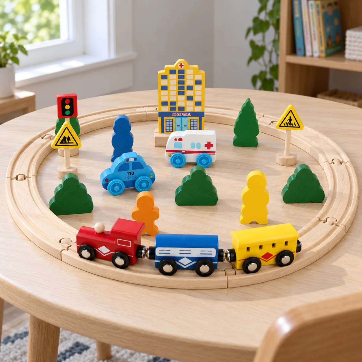 26-piece manual wooden town railway with round track: lead view; other styling items not included