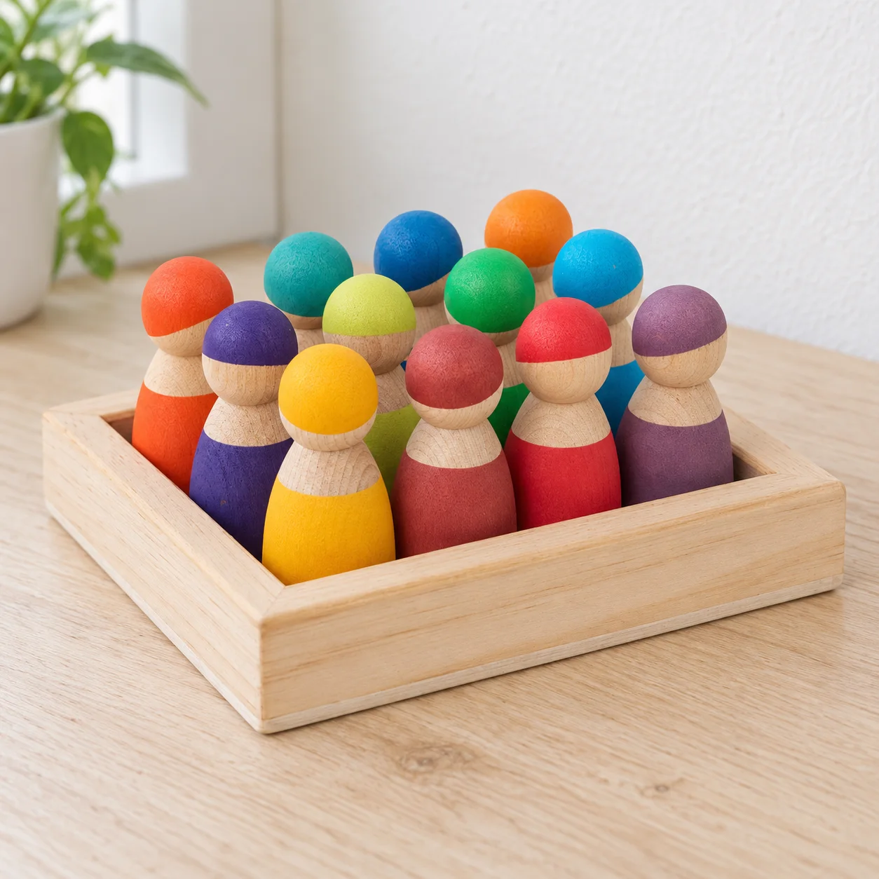 Twelve matte-painted wooden peg figures with tray: lead view; styling props not included